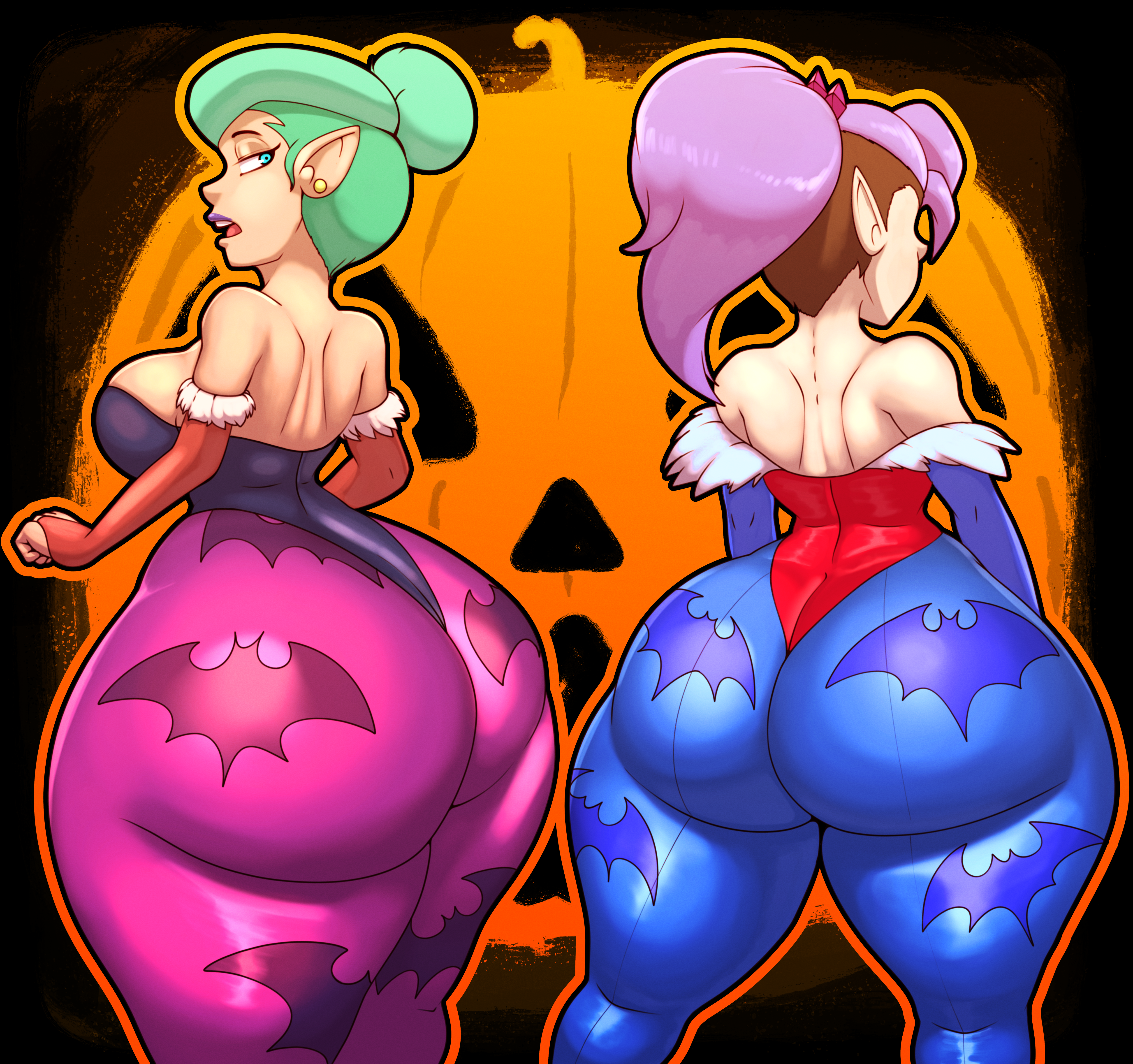 2girls amity_blight ass ass_focus big_ass bottom_heavy breasts bubble_butt cosplay darkstalkers daughter elf elf_female fat_ass female female_only gluteal_fold green_hair halloween huge_ass large_ass lilith_aensland_(cosplay) looking_at_viewer looking_back massive_ass milf morrigan_aensland_(cosplay) mother mother_and_daughter n-kosi n-kosi_(coloring) odalia_blight png purple_hair rear_view the_owl_house thick_ass thick_thighs thunder_thighs wide_hips