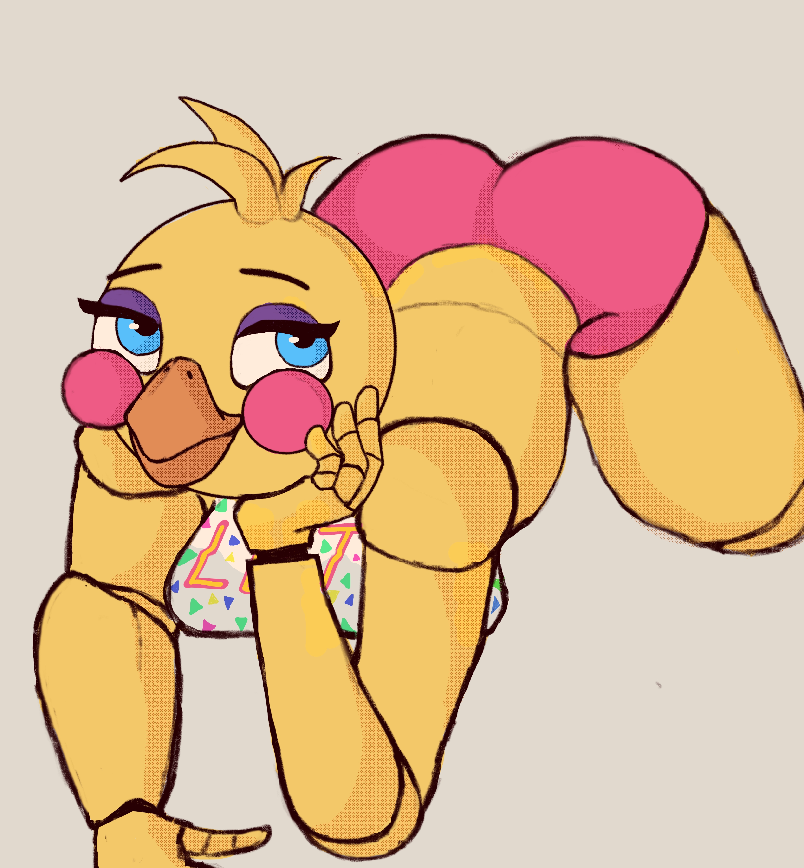 toy chica (fnaf), 1girls, animatronic, ass, blue eyes, breasts, chicken, cu...
