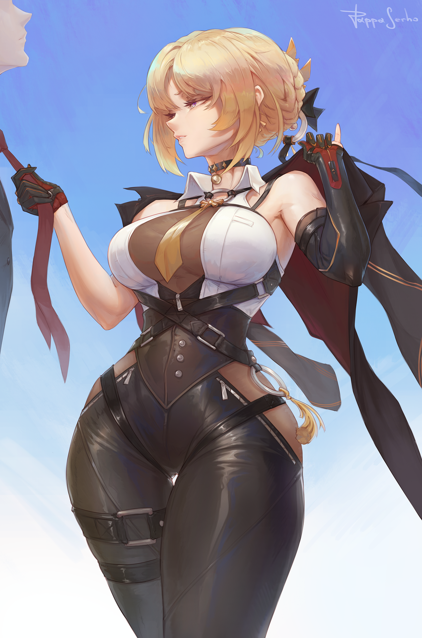 1boy artist_name asymmetrical_gloves black_choker black_gloves black_jacket black_pants blonde_hair braid breasts bun_with_braided_base chest_harness choker clothes_grab collared_shirt cowboy_shot elbow_gloves evelyn_chevalier female gloves hair_bun harness high-waist_pants highres jacket jacket_on_shoulders large_breasts looking_at_another necktie necktie_grab neckwear_grab pants pappaserho parted_lips purple_eyes red_gloves red_necktie ring_hair_ornament see-through_cleavage see-through_clothes shirt short_hair single_hair_bun sleeveless sleeveless_shirt solo_focus standing thick_thighs thighs two-tone_gloves uneven_gloves white_shirt yellow_necktie zenless_zone_zero