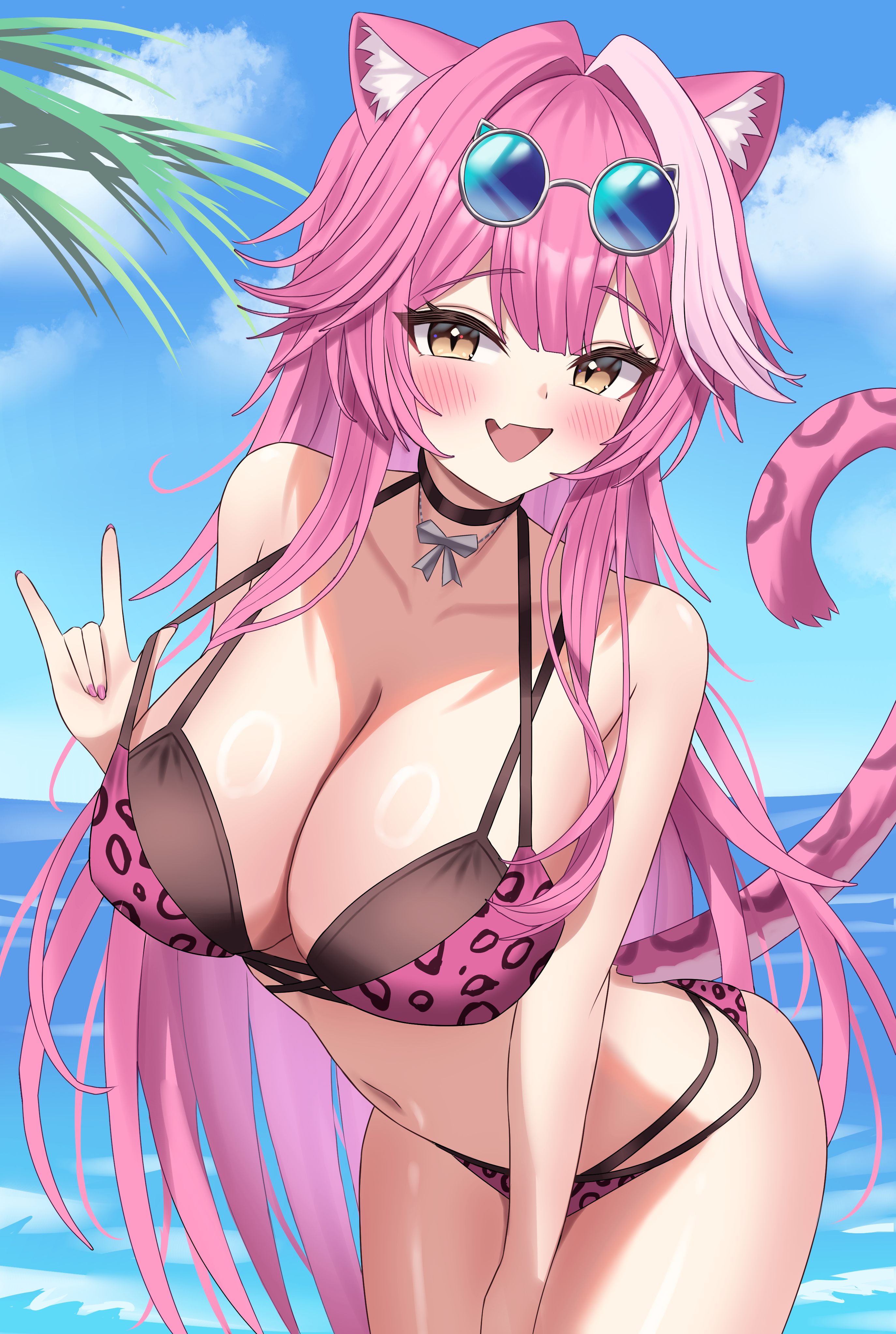 :d absurdres animal_ear_fluff animal_ears bikini black_bikini black_choker blue-tinted_eyewear blue_sky breasts center-flap_bangs choker cleavage cloud day double-parted_bangs eyewear_on_head female highres hololive hololive_english kumoru_(kumoru_145) large_breasts layered_bikini leaning_forward leopard_print_bikini long_hair looking_at_viewer multicolored_hair navel ocean official_alternate_costume open_mouth outdoors panther_ears panther_girl panther_tail pink_bikini pink_hair raora_panthera raora_panthera_(holonatsu_paradise) round_eyewear sidelocks sky smile solo strap_lift streaked_hair sunglasses swimsuit tail tinted_eyewear very_long_hair virtual_youtuber white_hair yellow_eyes youtube