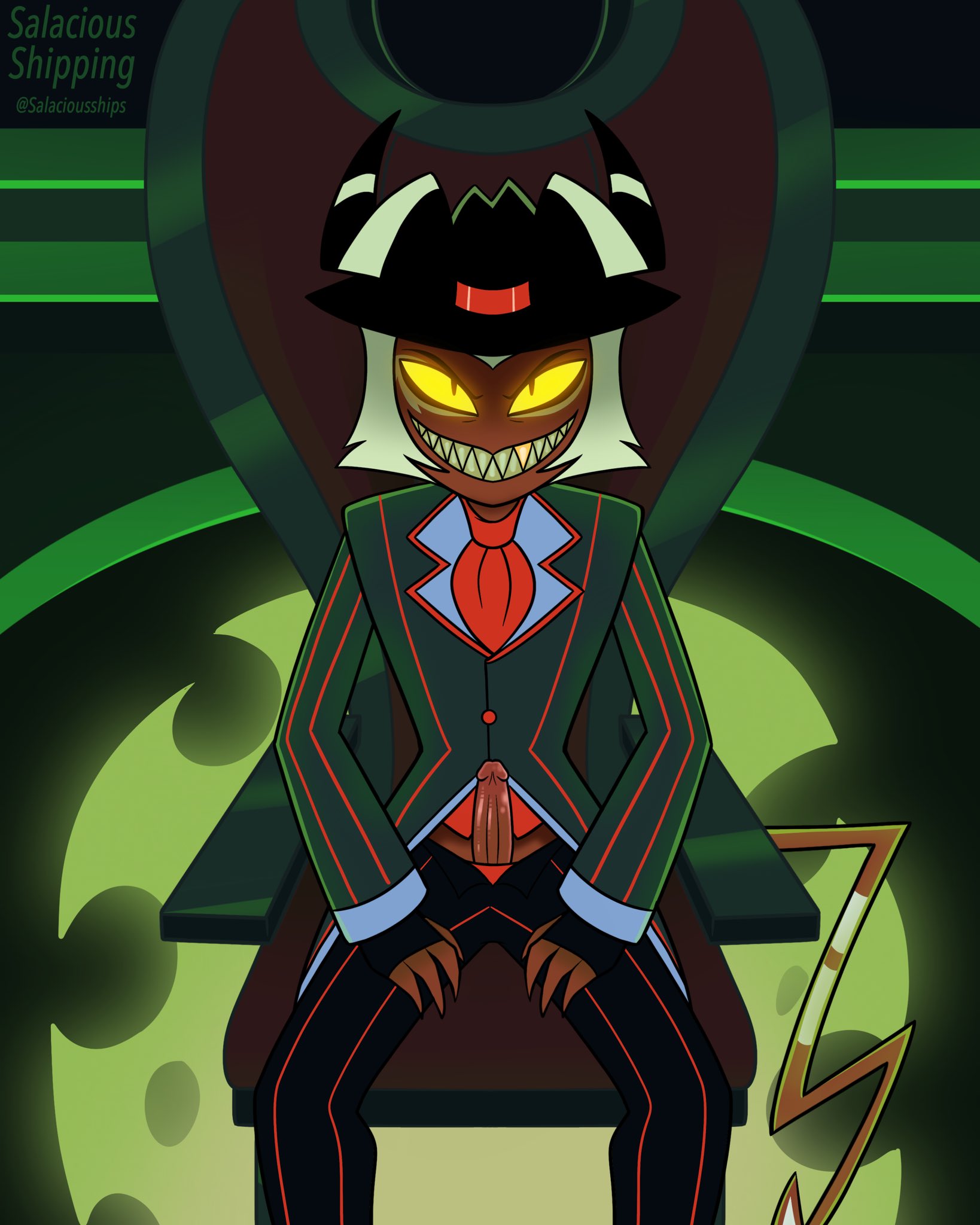helluva boss, boner, crimson (helluva boss), demon, fully clothed, hat, imp, looking at viewer, male only, salaciousships, sitting on chair, suit, vivienne medrano, vivziepop, wearing hat, 