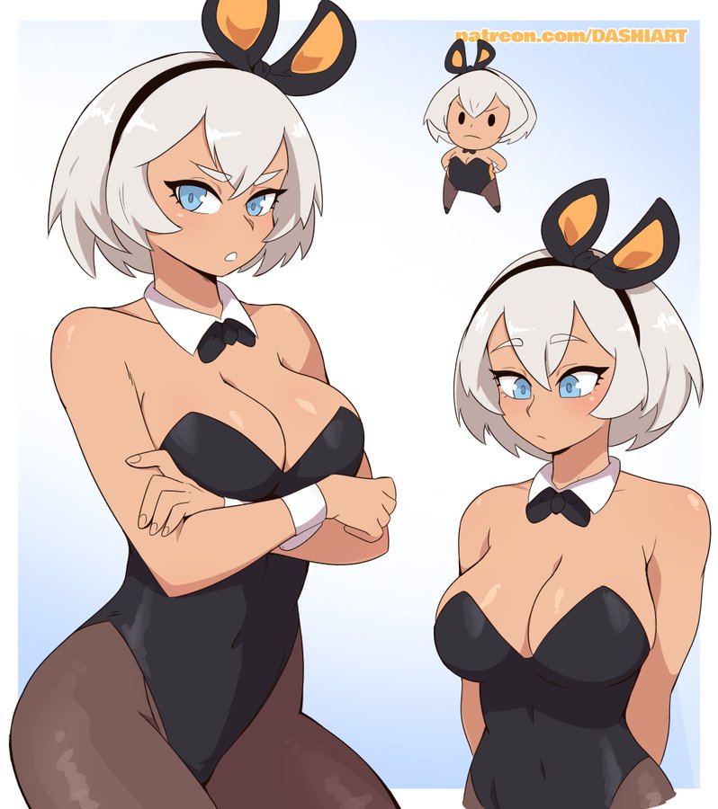 bea (pokemon), arms behind back, bunny ears, bunny girl, bunnysuit, crossed arms, dark-skinned female, dark skin, dashi art, large breasts, pokemon, short hair, white hair, 