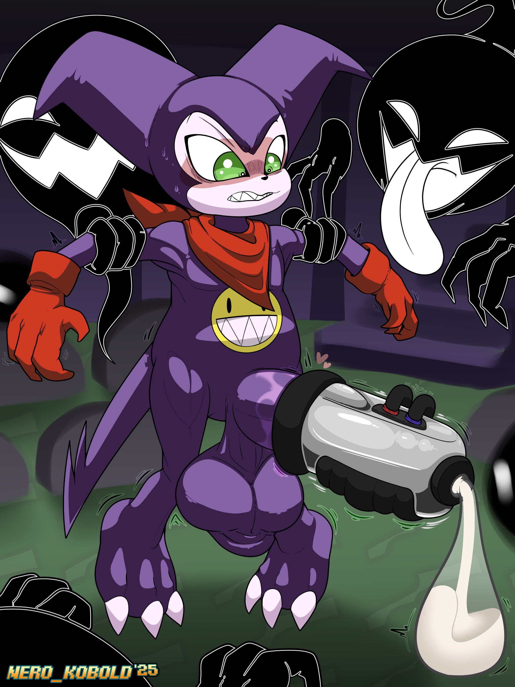 digimon (species), glitch, impmon, missingno., pokemon (species), bandai namco, digimon, nintendo, absurd res, colored, digital drawing (artwork), digital media (artwork), hi res, shaded, simple background, watermark, 2025, 2 horns, 3 fingers, 3 toes, 4 fingers, accessories only, accessory, ambiguous gender, anthro, arm grab, arms out, balls, big balls, big penis, black body, blush, blush lines, bodily fluids, cel shading, cemetery, chest markings, claws, clothed, clothing, condom, cum, cum drip, demon, digital creature, dripping, ejaculation, english description, erection, eyebrows, facial markings, feet, filled condom, fingers, floating hands, generation 1 pokemon, genital fluids, genitals, ghost, ghost tail, glitch creature, glitch pokemon, gloves, grabbing another, green eyes, grin, group, half-closed eyes, hand on arm, handwear, head markings, heart symbol, holding up, holding up other character, horn, huge cock, humanoid, humanoid genitalia, humanoid penis, imp, inside, kerchief, larger male, looking at genitalia, looking at own penis, looking at penis, looking at self, looking down, looking down at genitalia, looking down at penis, machine, male, male/ambiguous, markings, metal, midair, milking machine, mostly nude, mostly nude anthro, mostly nude male, motion lines, multicolored body, muscular, muscular anthro, muscular male, muscular thighs, narrowed eyes, neckwear, ner0 kobold, open mouth, orb body, partially clothed, partially clothed anthro, partially clothed male, penile, penis, penis milking, pokemon, pupils, purple balls, purple body, purple horn, purple penis, purple skin, red clothing, red gloves, red handwear, red kerchief, red neckwear, saggy balls, scrotum, scrotum flap, sex, sexual barrier device, sharp teeth, signature, size difference, small but hung, smile, spade tail, spirit, stairs, sweat, sweatdrop, tail, teeth, toe claws, toes, tombstone, tongue, tongue out, two tone body, white body, white claws, white eyes, white markings, white mouth, white pupils, white skin, white tongue, wide eyed, yellow body, yellow markings, yellow skin, 