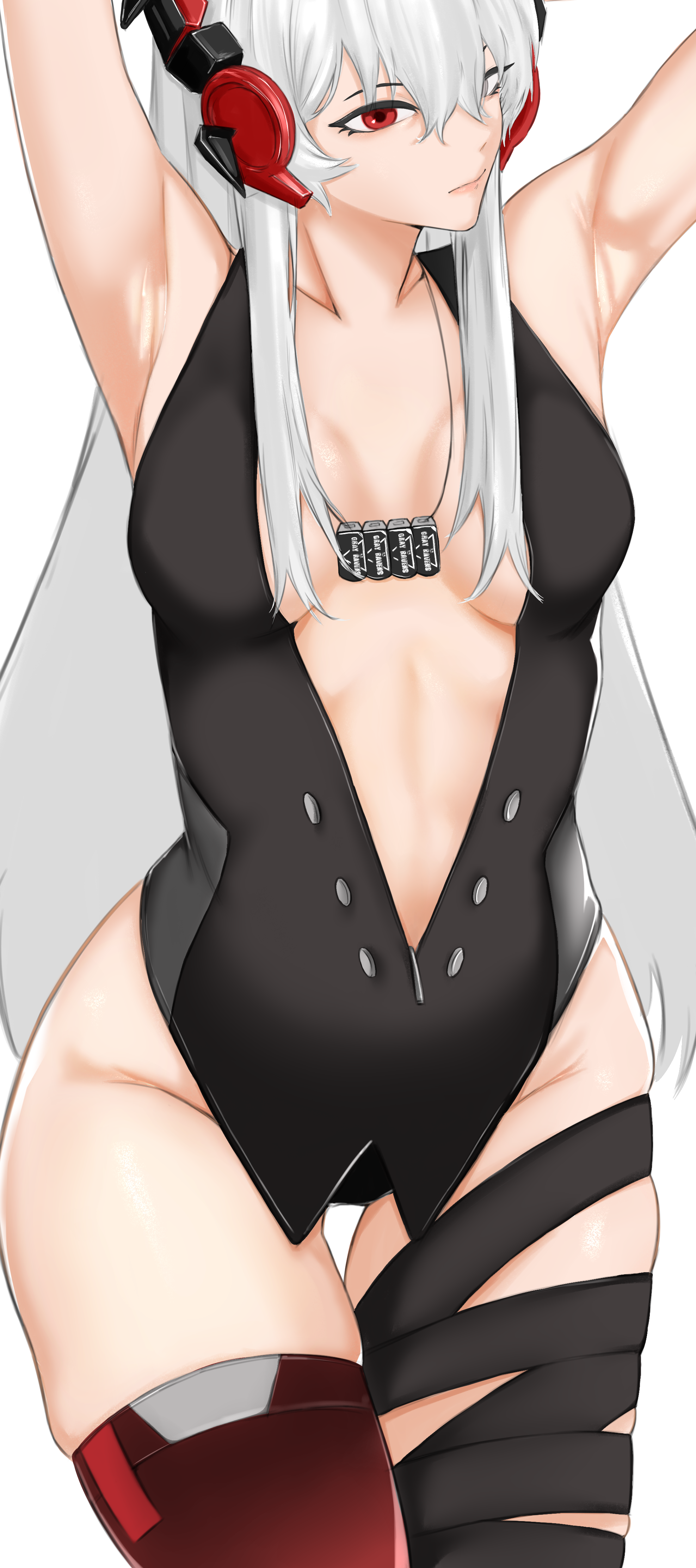 1girls, armpits, bottomless, btrx, clothing, female, fully clothed, headphones, heterochromia, long hair, lucia: crimson abyss (punishing: gray raven), lucia (punishing: gray raven), medium breasts, necklace, punishing: gray raven, red eyes, robot girl, sleeveless, solo, standing, underwear, white eyes, white hair, wraps, 