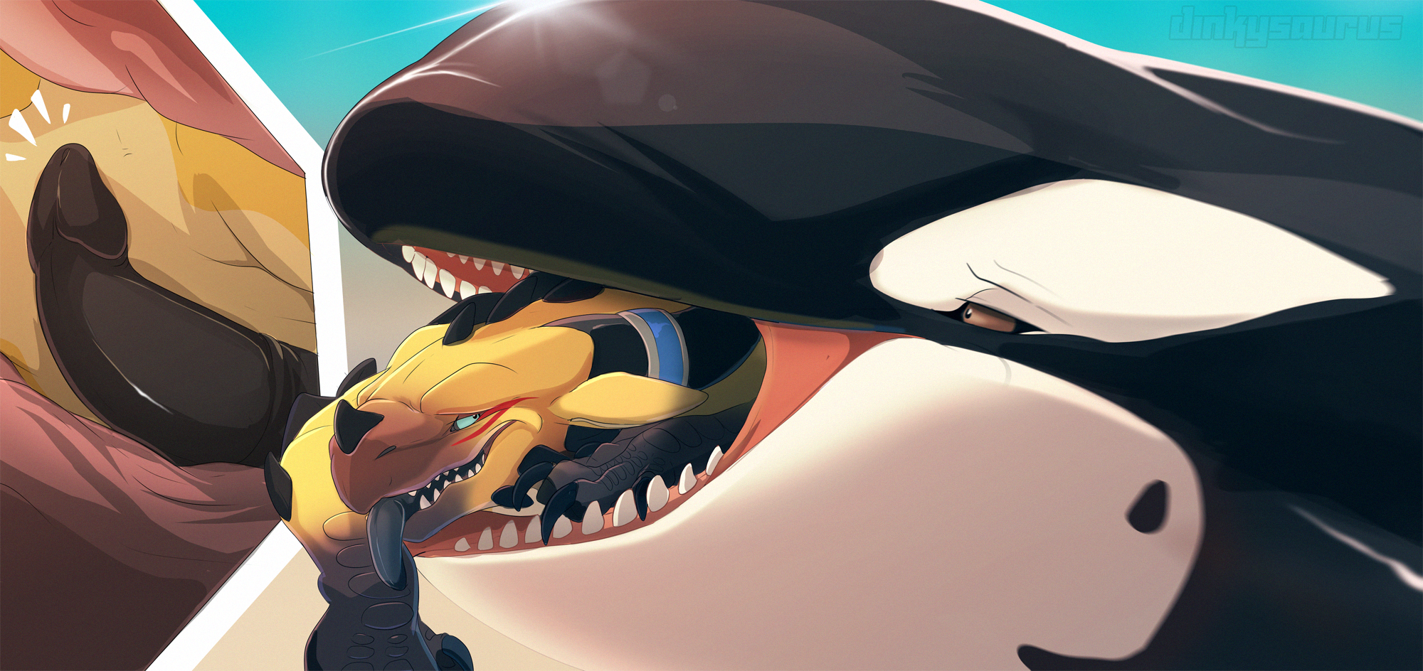 cyrakhis, 2020, hi res, ambiguous gender, blush, cetacean, collar, delphinoid, dinkysaurus, dragon, duo, erection, internal, male, male/ambiguous, mammal, marine, oceanic dolphin, open mouth, orca, scalie, toothed whale, vore, western dragon, 