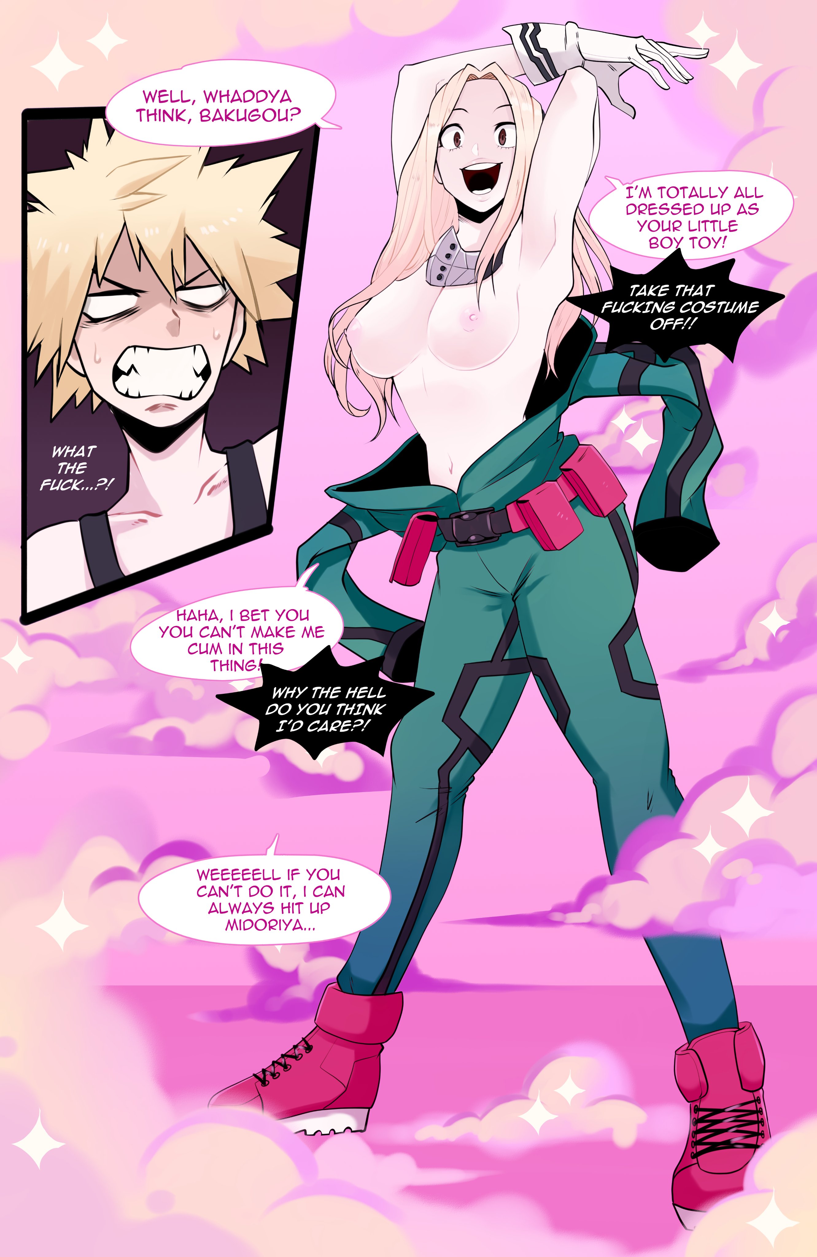 kinjero, character request, katsuki bakugou, my hero academia, text, 1boy, 1girls, arms up, blonde hair, dialogue, long hair, 