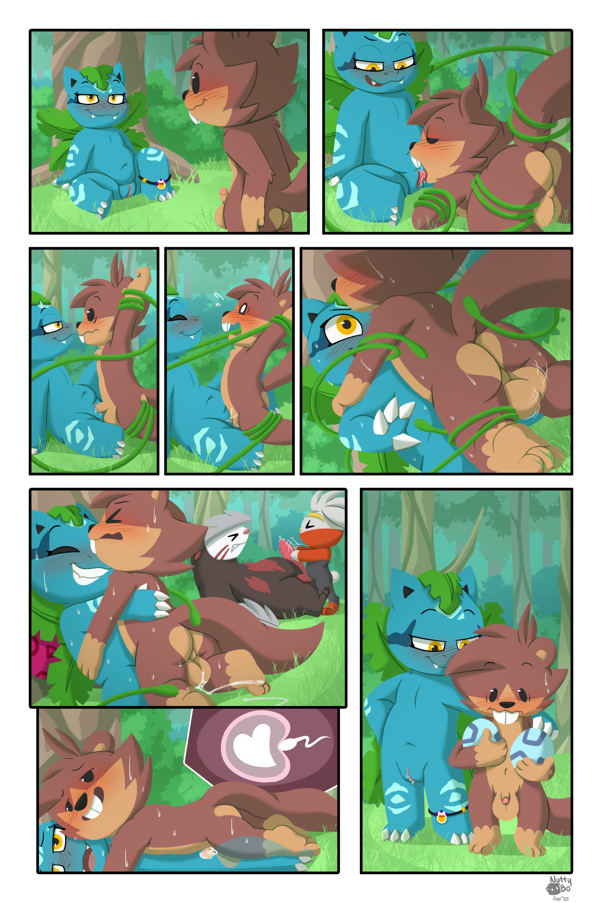 2:3 absurd_res amphibian anthro ass balls blush bo_(nutty_bo) bodily_fluids brown_body comic cum cum_in_vagina cum_inside cunnilingus egg elemental_creature erection excadrill female female_penetrated flora_fauna fur generation_1_pokemon generation_5_pokemon generation_8_pokemon genital_fluids genitals hair hi_res humanoid_genitalia humanoid_penis impregnation ivysaur lagomorph leporid male male_penetrating mammal nintendo nude nutty_bo open_mouth oral ovum ovum_with_heart penetration penile penis plant pokemon pokemon_(species) pussy raboot rodent scalie sciurid sex smile sperm_cell squirrel tail tongue tongue_out tree_squirrel vaginal_penetration vines vulva white_body white_fur x-ray_view