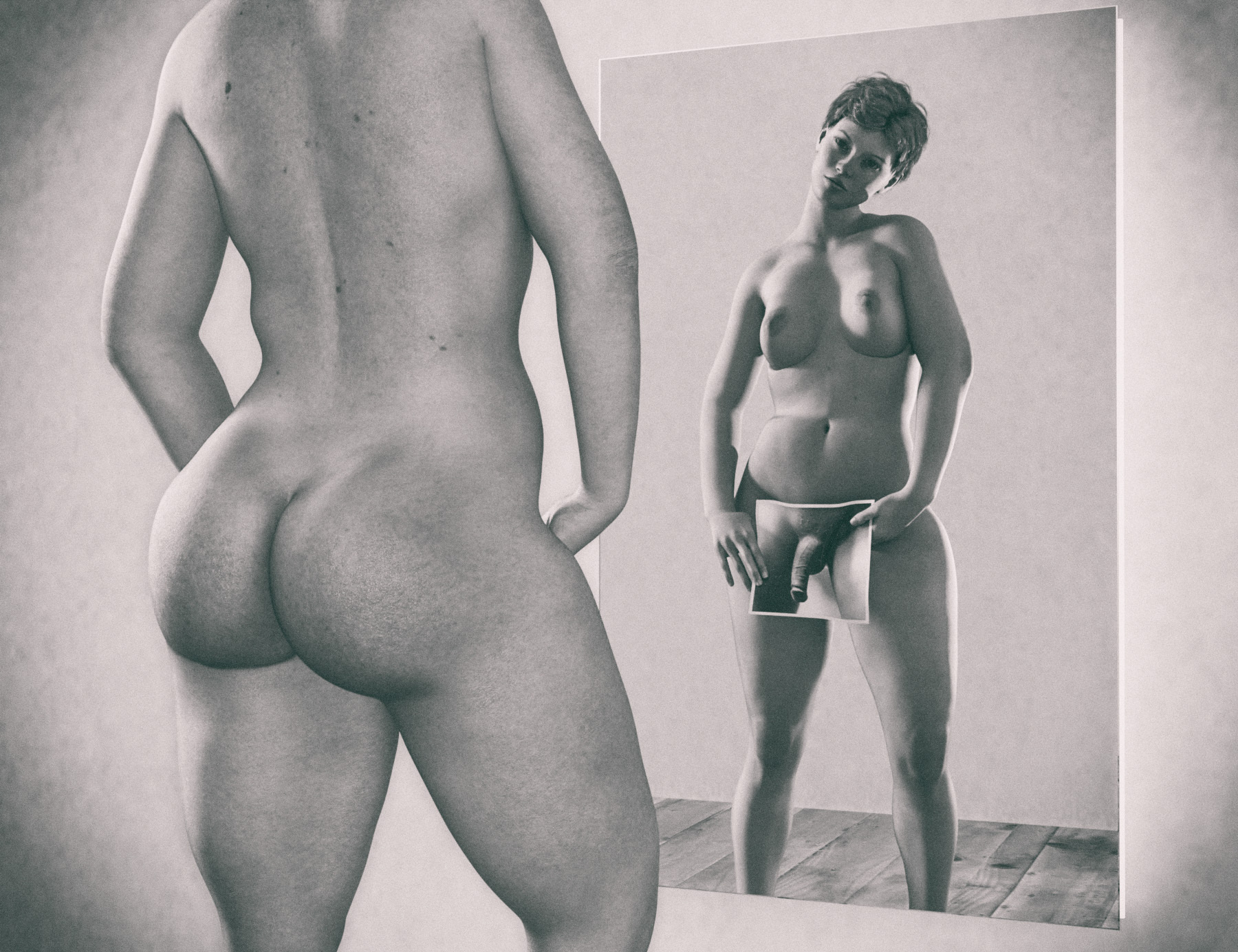 3d, greyscale, female, female only, gender confusion, medium breasts, mirror, photo (object), silky58, solo, solo female, 
