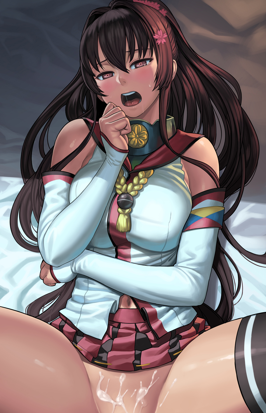 lasterk, yamato (kantai collection), kantai collection, highres, blush, breasts, brown eyes, brown hair, cum, detached sleeves, flower, hair flower, hair ornament, heart, heart-shaped pupils, implied sex, large breasts, long hair, miniskirt, navel, open mouth, out of frame, ponytail, sidelocks, single thighhigh, skirt, skirt lift, spread legs, sweat, symbol-shaped pupils, thighhighs, very long hair, 