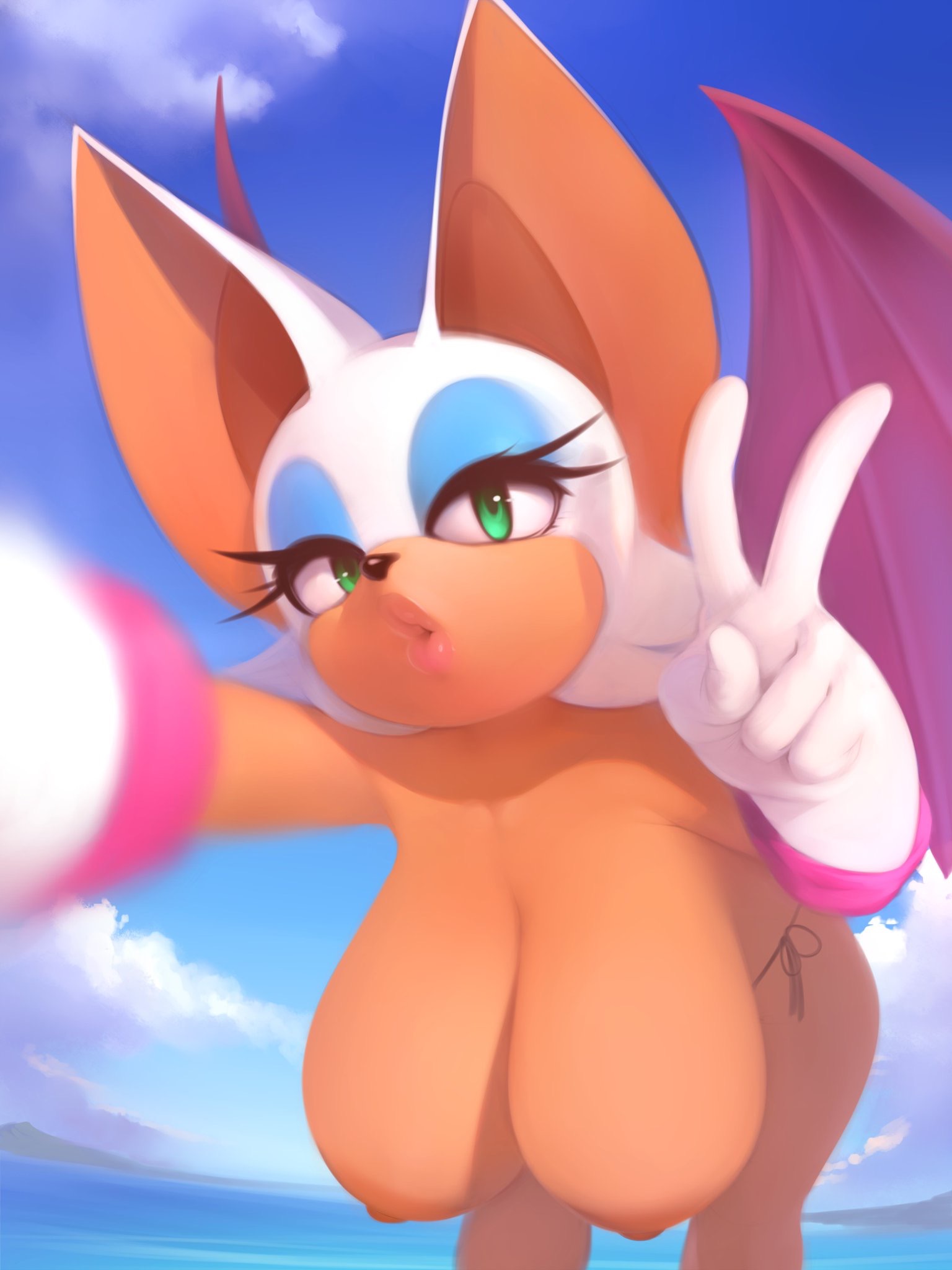 plantpenetrator, rouge the bat, sonic (series), sonic adventure 2, 2019, 1girls, anthro, areolae, background, bat, beach, bent over, big breasts, big ears, blowing kiss, breaking the fourth wall, breasts, cleavage, eyelashes, female, female only, gesture, gloves, green eyes, hanging breasts, kissy face, large breasts, lips, looking at viewer, nipples, nude, open mouth, puckered lips, purple wings, reaching, reaching out, selfie, side-tie bikini, side-tie panties, sky, solo, topless, v, white gloves, wings, 