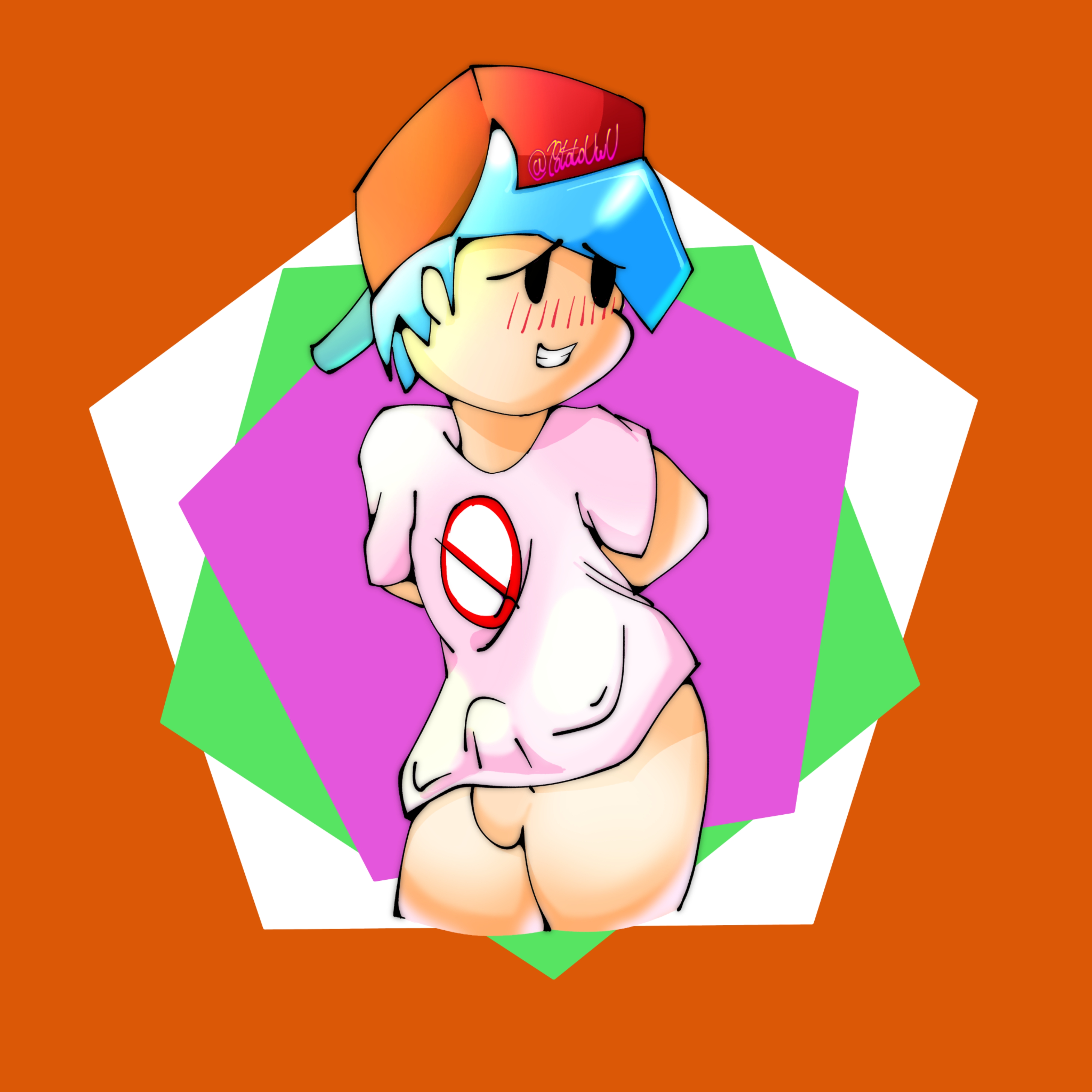 artist request, blue hair, blush, boyfriend (friday night funkin), femboy, friday night funkin, male, no pants, partially clothed, 
