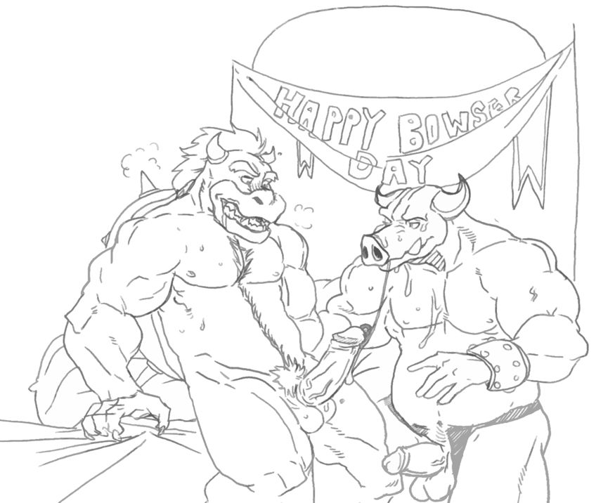 wuffinarts, bowser, koopa, midbus, mario and luigi (series), mario bros, nintendo, 2013, english text, monochrome, text, after fellatio, after oral, after sex, balls, blush, bodily fluids, body hair, cum, drooling, duo, erection, genital fluids, genitals, happy trail, horn, hybrid, male, male/male, mammal, muscular, penis, saliva, scalie, suid, suina, sus (pig), wild boar, 