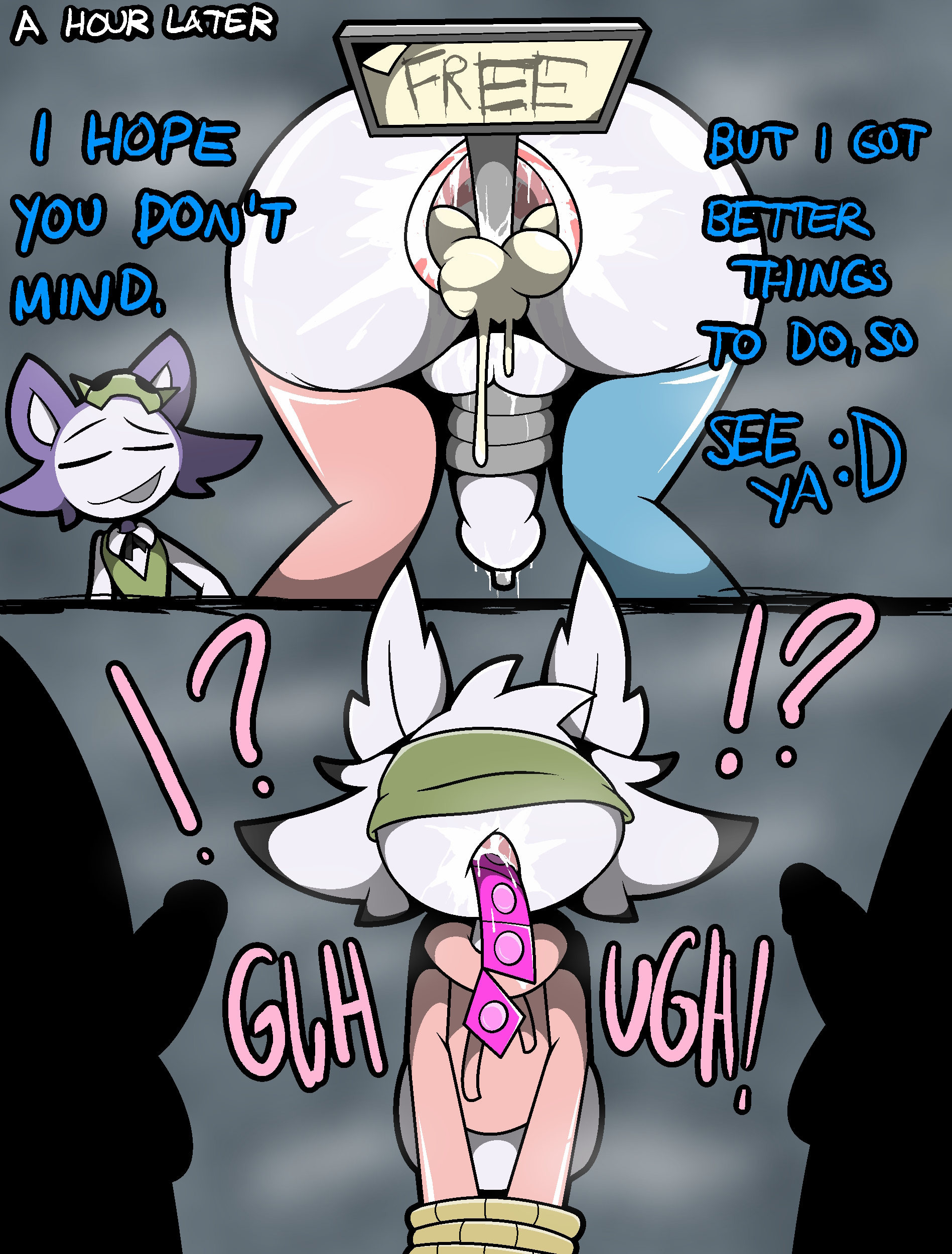 absurd res, comic, english text, hi res, text, accessory, after sex, anal, anal invitation, anthro, arthropod, balls, blindfold, bodily fluids, bondage, bound, clothing, cock ring, condom, cum, cum drip, cum in ass, cum in mouth, cum inside, cumshot, dripping, duo, ejaculation, gag, gagged, genital fluids, genitals, haplorhine, humiliation, imminent anal, imminent gangbang, imminent oral, imminent sex, insects, jewelry, lepidopteran, male, male/male, mammal, messy, monkey, moth, object in ass, object in mouth, object insertion, object penetration, oral invitation, orgasm, orgasm denial, penis, penis accessory, penis jewelry, primate, restraints, rope, rope bondage, sex, sexual barrier device, sign, signpost, sounding rod, steam, sweater, topwear, trinitroid, urethral, 