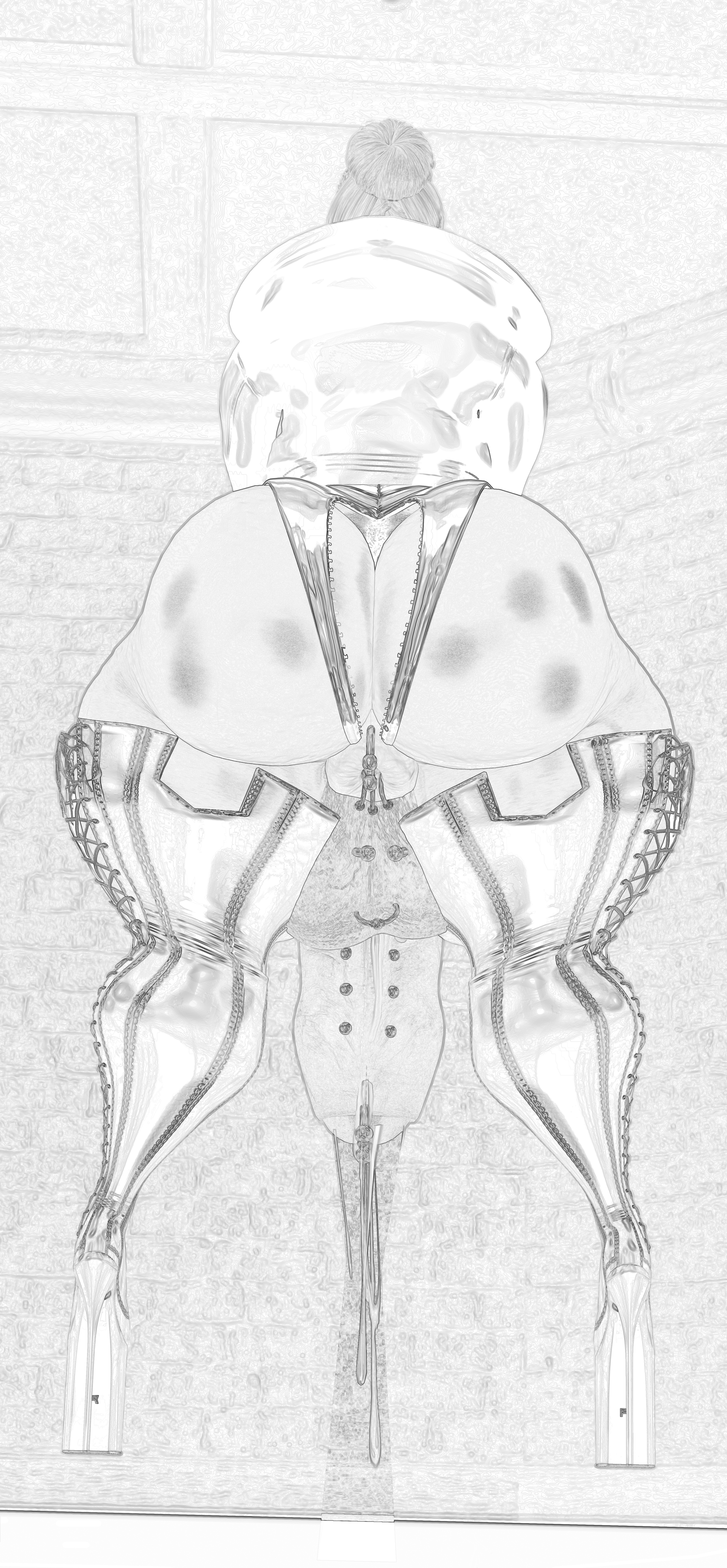 second life, black and white, anus, anus peek, clothed, cock piercing, genital piercing, hair bun, huge ass, huge cock, leotard, thick thighs, wide hips, 