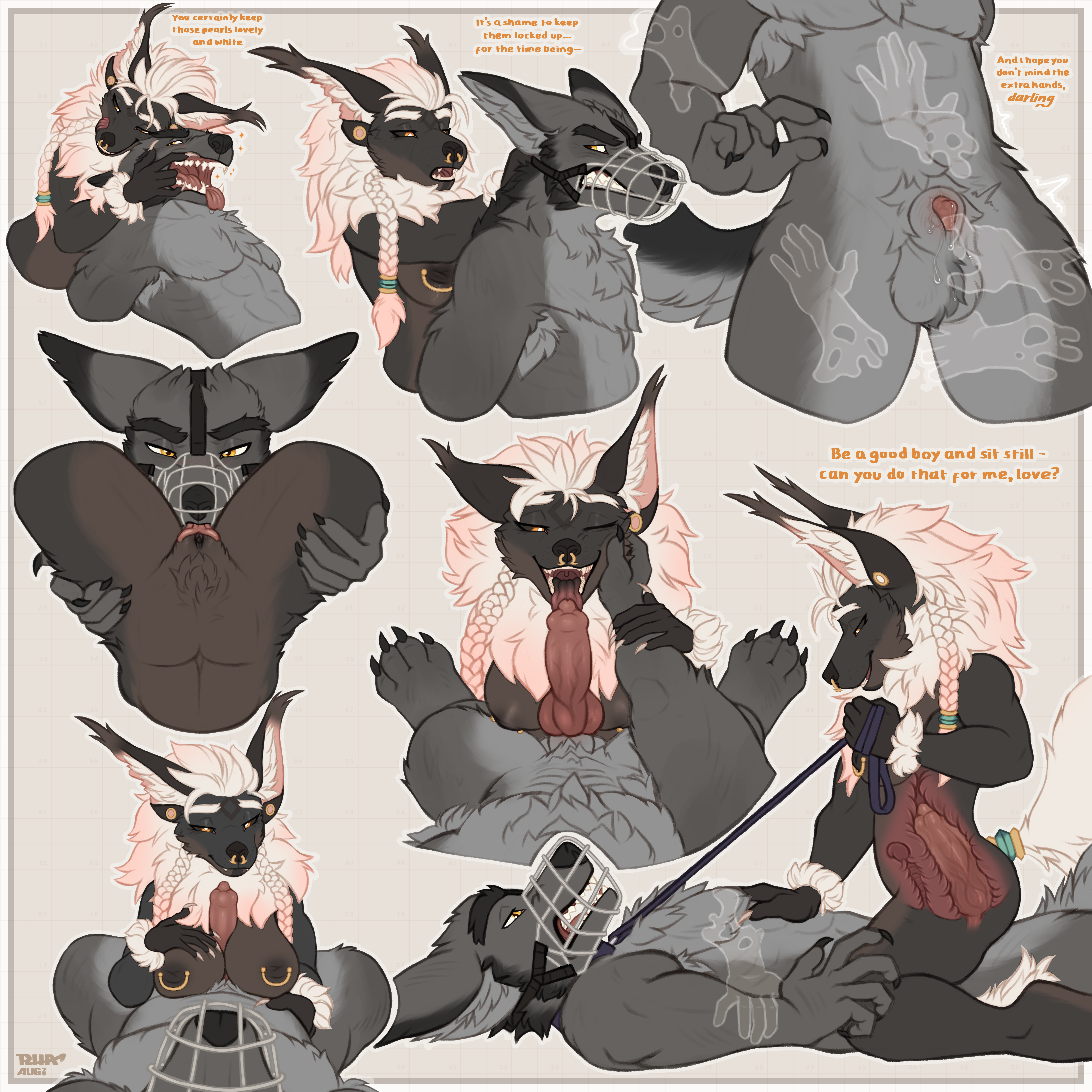 1:1 4_toes 5_fingers abs absurd_res accessory anal anal_sex animal_genitalia animal_penis anthro armpit_hair ass balls barbell_piercing bared_teeth bedroom_eyes biceps big_breasts big_penis bite black_body black_claws black_ears black_eyebrows black_fur black_nipples black_nose black_note black_sclera black_tongue black_vulva blush blush_lines bodily_fluids body_hair braided_hair breast_play breast_squeeze breasts brown_body brown_fur canid canine canine_genitalia canine_penis canis cheek_grab claws collar cunnilingus dialogue disembodied_hand dominant dominant_female dripping duo ear_bite ear_piercing ear_ring ear_tuft english_text erection eye_contact eyebrows facial_piercing feet female fingers first_person_view fluffy fluffy_balls fluffy_chest fluffy_feet fluffy_hips fluffy_tail foot_tuft fully_sheathed fur genital_fluids genitals ghost_hand gold_piercing good_boy gradient_hair grey_body grey_fur grey_tail hair hair_accessory hair_ring half-closed_eyes half-erect hand_on_breast hand_on_chest hand_on_hip hand_on_muzzle hands_in_mouth hi_res high-angle_view highlights_(coloring) holding_partner holding_partner's_arm holding_partner's_head holding_partner's_leg internal internal_anal internal_vaginal jewelry knot leaking leaking_precum leash leash_pull leashed_collar licking licking_lips licking_own_lips long_claws long_hair looking_at_another looking_at_viewer male male/female male_penetrating mammal markings multicolored_body muscular muscular_anthro muscular_male muzzle_(object) muzzled mythological_canine mythological_creature mythology narrowed_eyes nipple_barbell nipple_piercing nipples nose_piercing nose_ring nude one_eye_closed open_mouth open_smile oral orange_eyes paws pecs penetration penile penile_penetration penis penis_poking_out penis_tip piercing pink_hair pink_tongue precum precum_drip precum_on_penis pubes pulling_mouth pulling_sheath pupils pussy red_penis red_tongue rhaelrhaelrasputin ring_piercing seductive sex sheath sheath_play side_view simple_background size_difference sketch_page skye_(rhaelrhaelrasputin) smile snarling sparkles squeezing tail teasing teeth text thick_thighs titjob toes tongue tongue_out tuft two_tone_body vaginal_penetration vein veiny_penis vulva werecanid werecanine werecreature werewolf white_body white_eyebrows white_fur white_pupils white_sclera white_tail wink wolf x-ray_view yellow_eyes