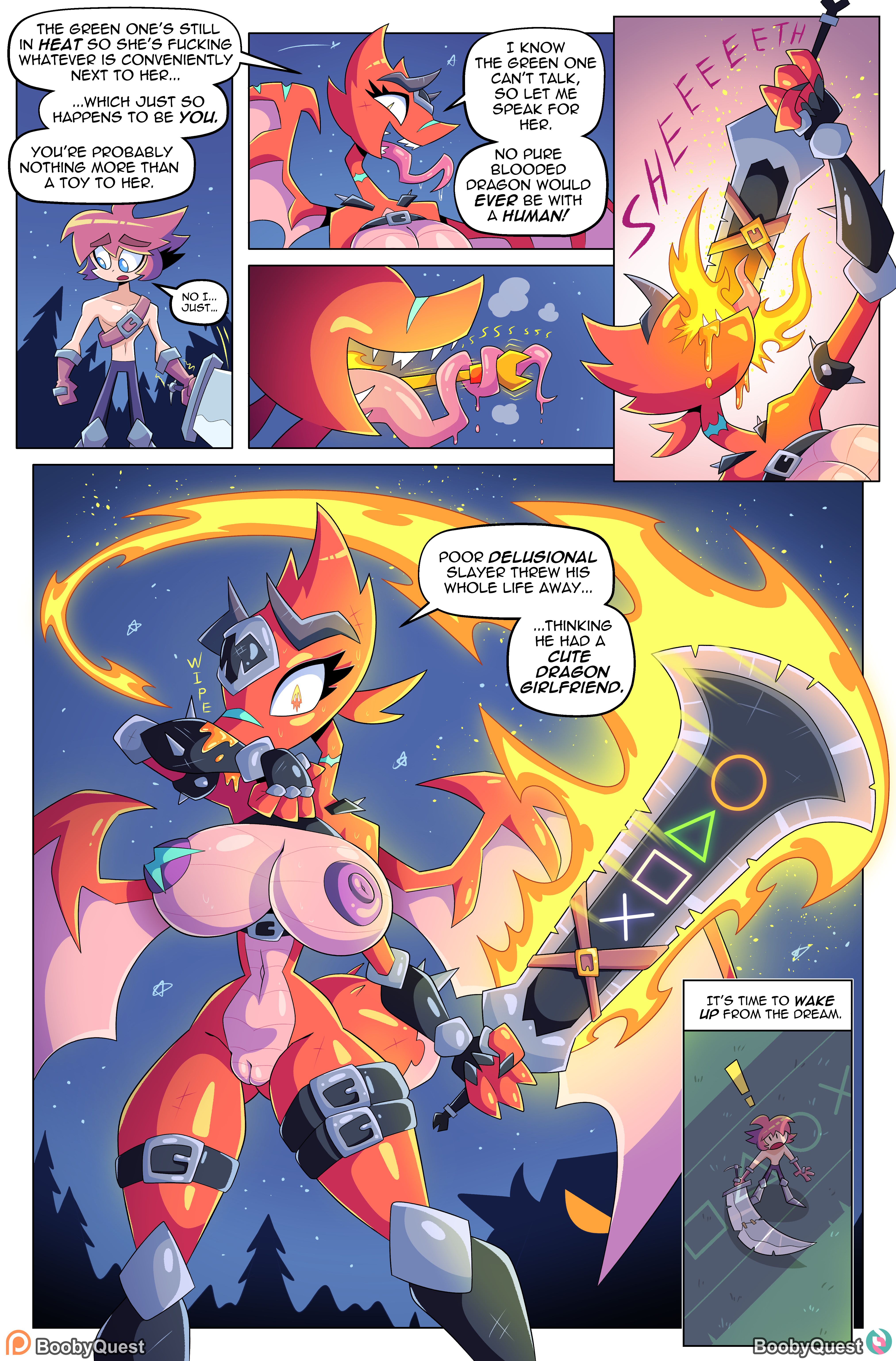 absurd_res anthro areola biped breasts brown_hair comic dialogue dragon drshanks24 english_text european_mythology female genitals hair hi_res human male mammal mango_(drshanks24) mythological_creature mythological_scalie mythology nipples non-mammal_breasts sage_blackhorn scalie solo speech_bubble text vulva western_dragon