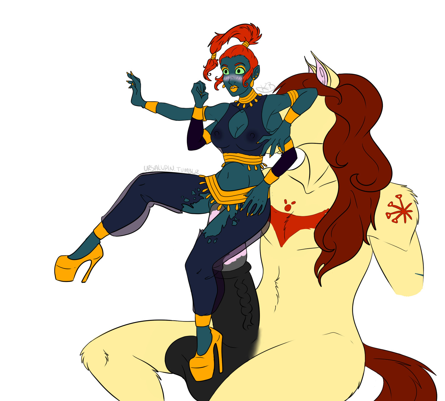 animal genitalia, animal penis, balls, big penis, blush, breasts, clothes, equine, equine penis, female, genie, hair, high heels, horsecock, huge cock, impaled, impalement, jewelry, male, mammal, nipples, penis, red hair, sitting on penis, size difference, stomach bulge, straight, surprised, ursalupin (artist), 