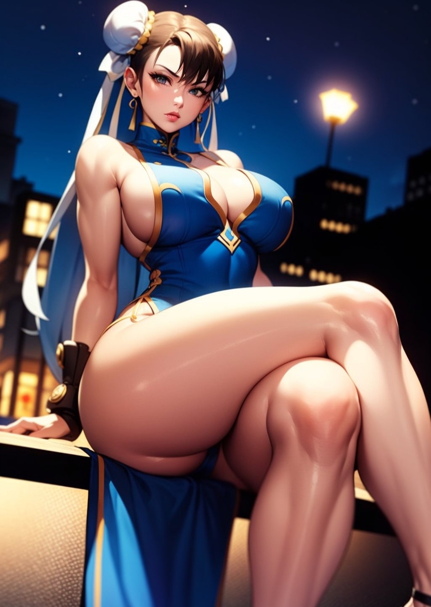 chun-li, street fighter, ai generated, big breasts, bikini, brown eyes, brown hair, chinese clothes, female, huge breasts, large breasts, legs, muscular female, short hair, stable diffusion, thick, thick thighs, thighs, vagina, 