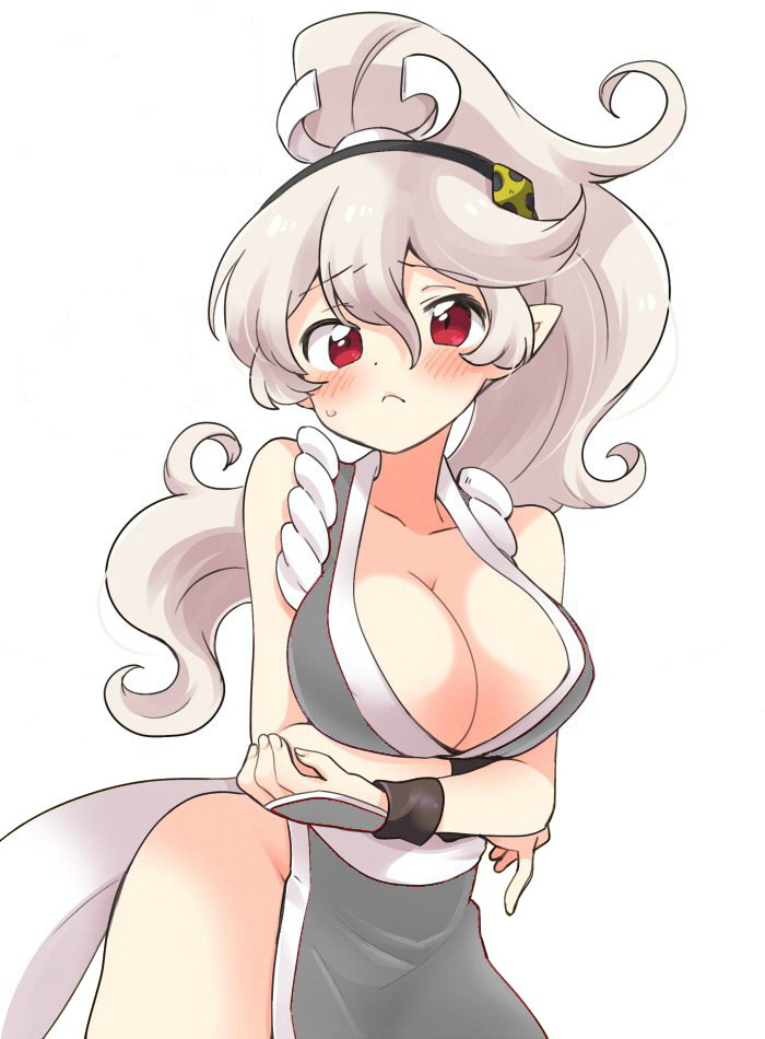eromame, corrin (fire emblem), corrin (fire emblem) (female), mai shiranui (cosplay), fatal fury, fire emblem, fire emblem fates, nintendo, super smash bros., the king of fighters, white background, 1girls, alternate hairstyle, arms under breasts, bare shoulders, blush, breasts, cleavage, cosplay, elf, female, female only, hair between eyes, hair ornament, hairband, japanese clothes, large breasts, long hair, looking at viewer, no bra, no panties, pelvic curtain, pointy ears, ponytail, red eyes, revealing clothes, sash, silver hair, solo, standing, 