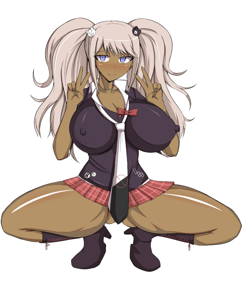 musuka (muska), junko enoshima, danganronpa, 1girls, blue eyes, breasts, cleavage, dark-skinned female, dark skin, double v, erect nipples, female, ganguro, hair ornament, huge breasts, human, kneehighs, long hair, looking at viewer, nipples, smile, solo, spread legs, squatting, thick thighs, tied hair, twintails, v, 