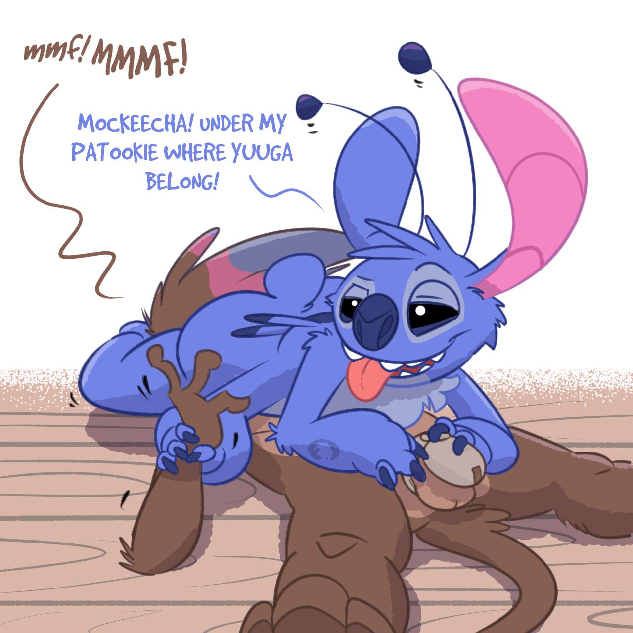 experiment (species), stitch, disney, lilo and stitch, 2017, text, 4 arms, alien, anthro, balls, blue fur, brown fur, chastity cage, duo, facesitting, fur, lying, male, mammal, mouse, multi arm, multi limb, nude, penis, respecies, rodent, tongue, tongue out, yaoi, 