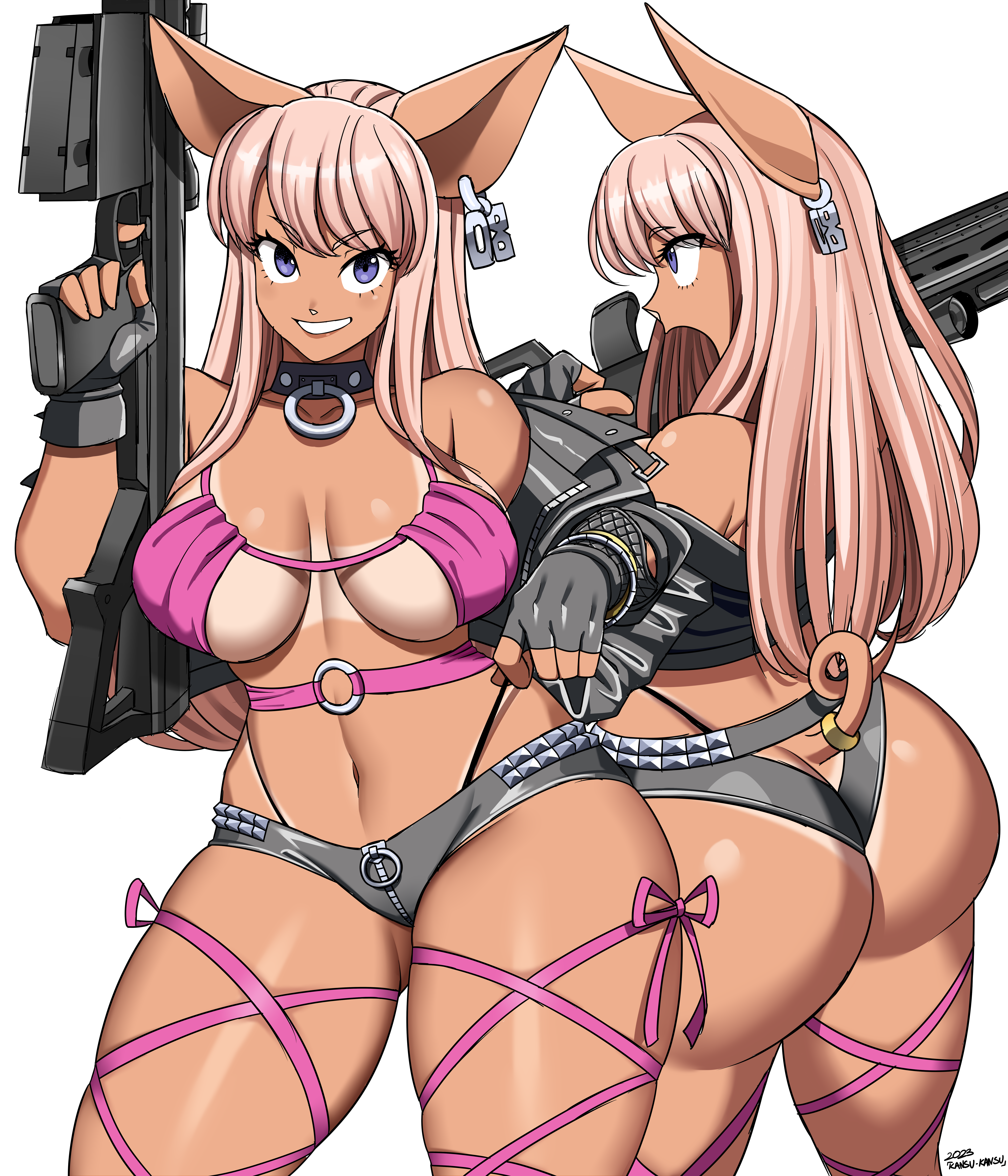 zhu bajie, journey to the west, absurdres, highres, rule 63, simple background, white background, 2023, adjusting clothes, adjusting panties, animal ears, anti-materiel rifle, armpits, ass, assault rifle, barrett m82, bikini tan, black choker, black jacket, blue eyes, bracelet, breasts, butt crack, choker, closed mouth, cropped jacket, earrings, female, fingerless gloves, genderswap (mtf), gloves, gun, hand on own hip, holding, holding gun, holding weapon, jacket, jewelry, kansu-kansu, long hair, looking at viewer, medium breasts, multiple views, navel, off-shoulder jacket, off shoulder, panties, parted lips, pig ears, pig girl, pig nose, pig tail, pink hair, pink ribbon, ribbon, rifle, rose (zaiyuki), signature, single earring, smile, sniper rifle, tail, tan, tanline, underboob, underwear, weapon, zaiyuki, 