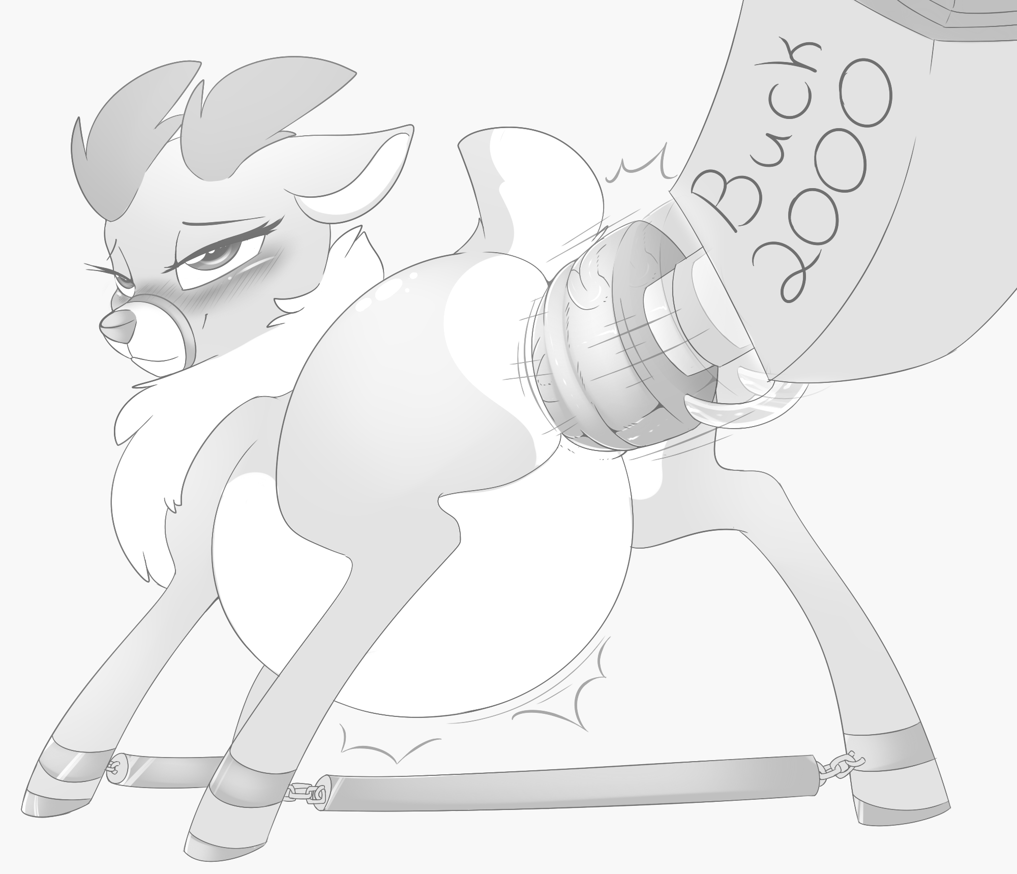 camychan, velvet reindeer (tfh), monochrome, anal, anal sex, blush, cervine, cum, dildo, female, feral, fucking machine, half-closed eyes, hooves, inflation, machine, mammal, penetration, pussy, reindeer, restrained, sex toy, smile, solo, spreader bar, 