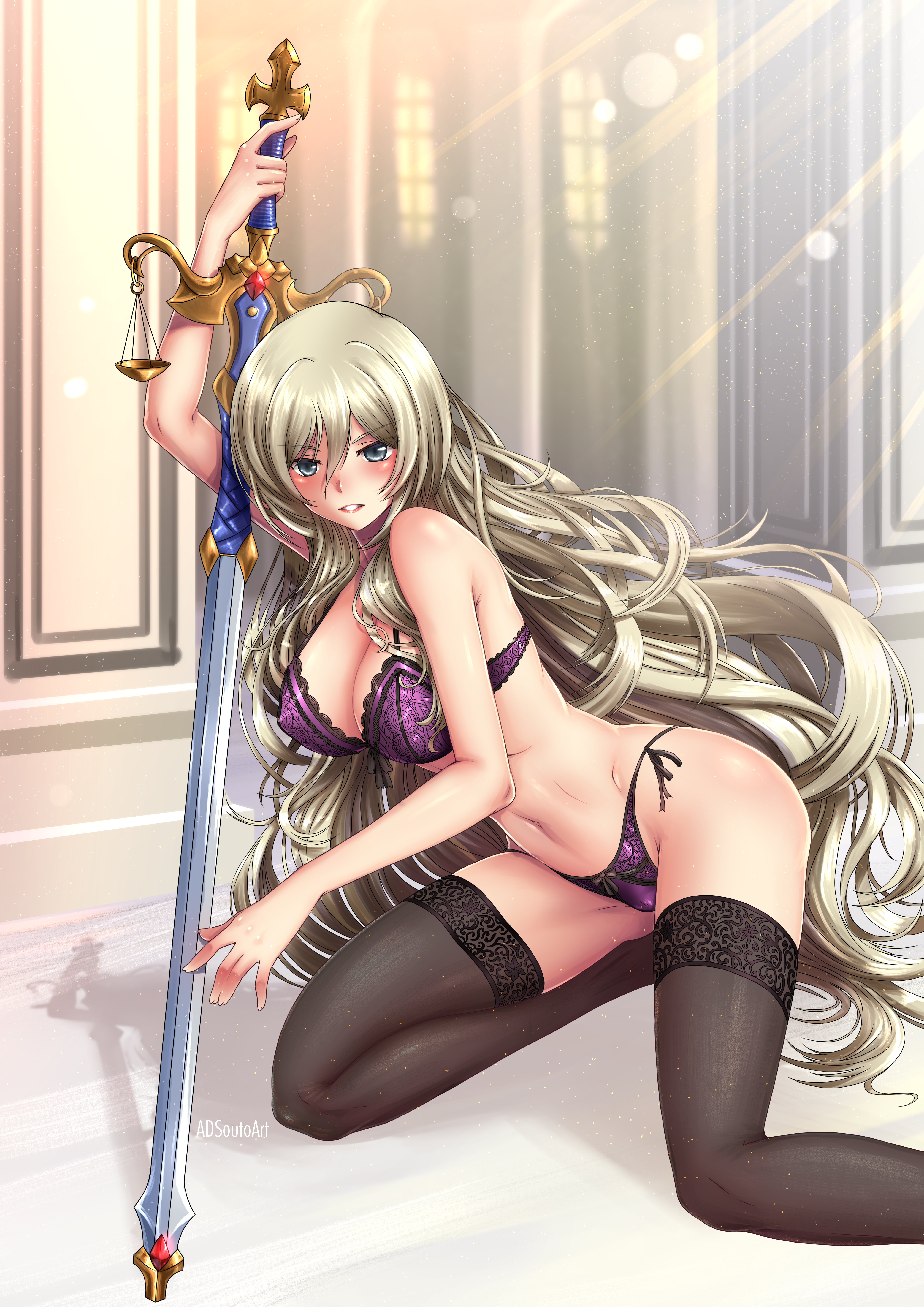 adsouto, sword maiden (goblin slayer), goblin slayer, 1girls, big breasts, blindfold, blonde hair, breasts, female, female only, inverted nipples, nipples, nude, pussy, shaved pussy, solo, uncensored, 