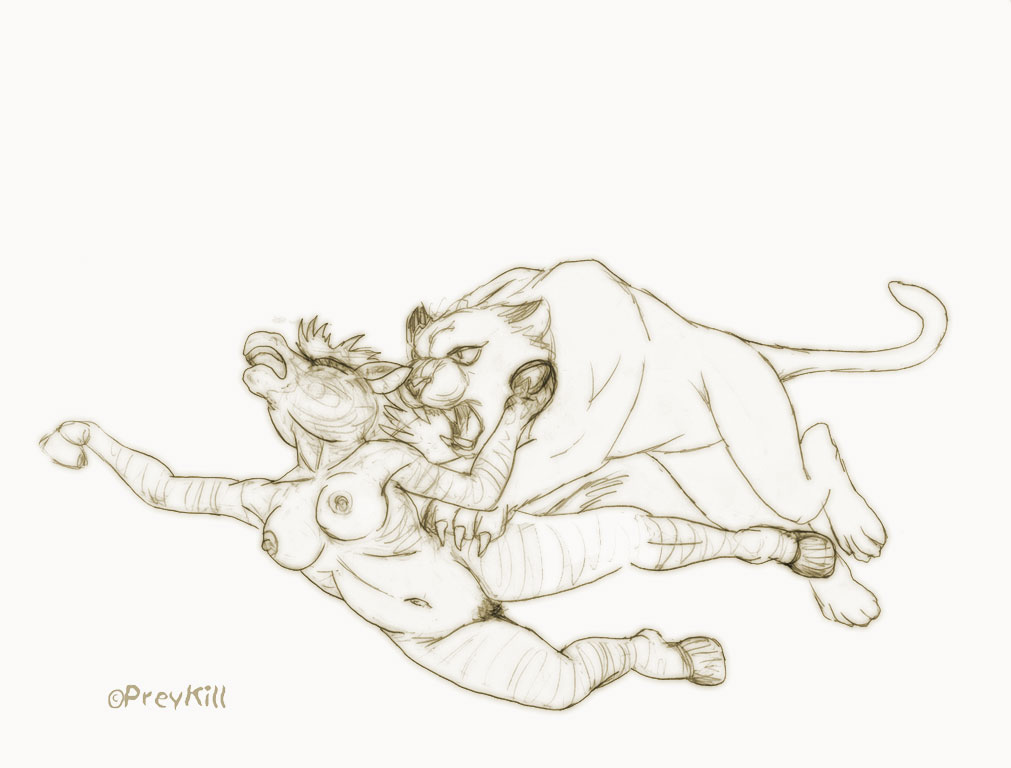 preykill, monochrome, sketch, 1boy, 1girls, areola, breasts, claws, curvy, equine, erect nipples, falling, fangs, feline, female, feral, feral on anthro, furry, hooves, imminent death, imminent guro, imminent vore, large breasts, lion, male, male on female, mane, mountain lion, nipples, nude, open mouth, pounced, pouncing, pubic hair, scared, zebra, 