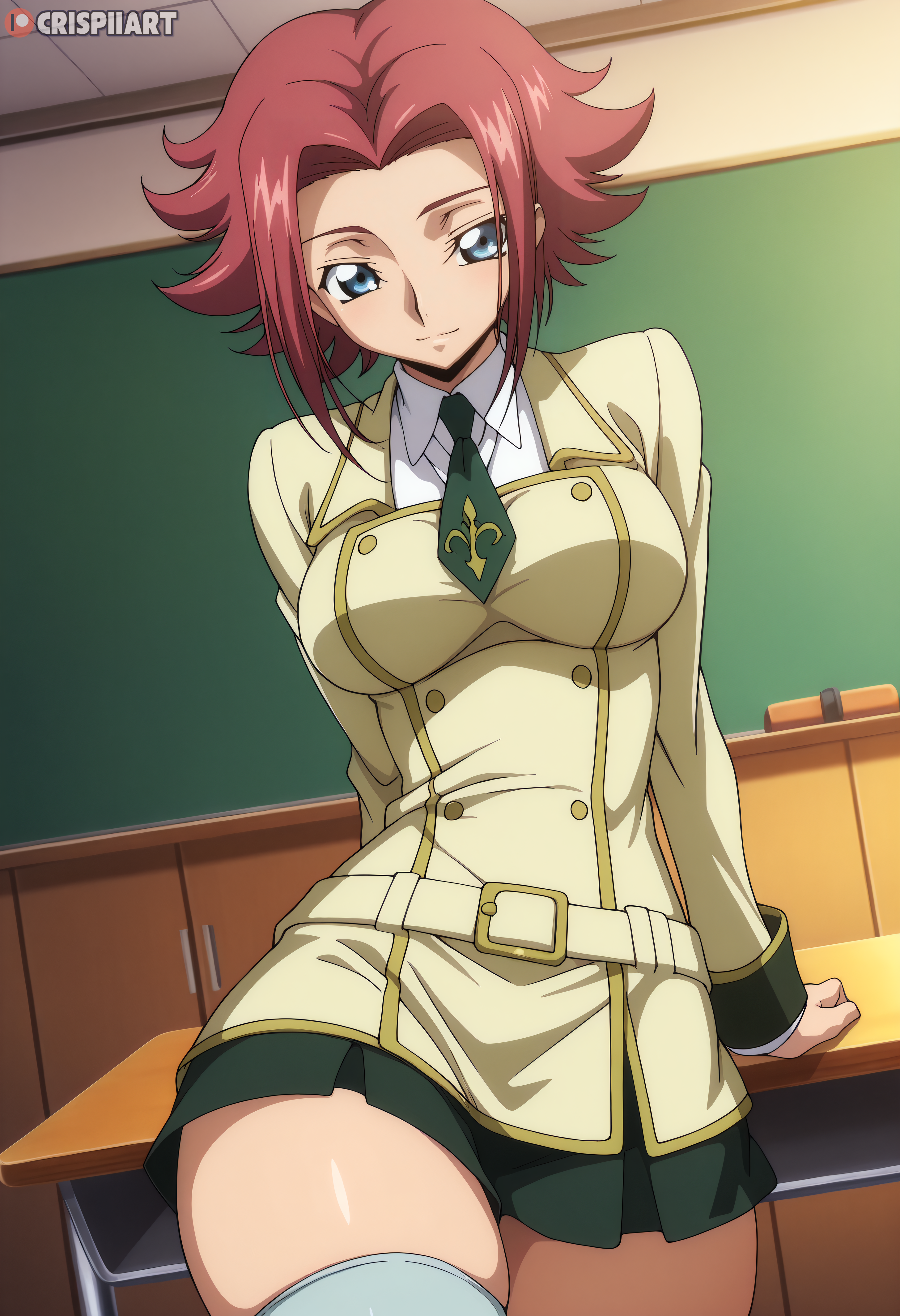 1girls absurd_res ai_assisted ai_generated below_view blue_eyes blush breasts classroom code_geass crispiiart dutch_angle female highres indoors kallen_stadtfeld large_breasts light-skinned_female light_skin looking_at_viewer miniskirt open_mouth red_hair school_uniform serafuku short_hair skirt smile thighhighs trefoil upscaled white_thighhighs