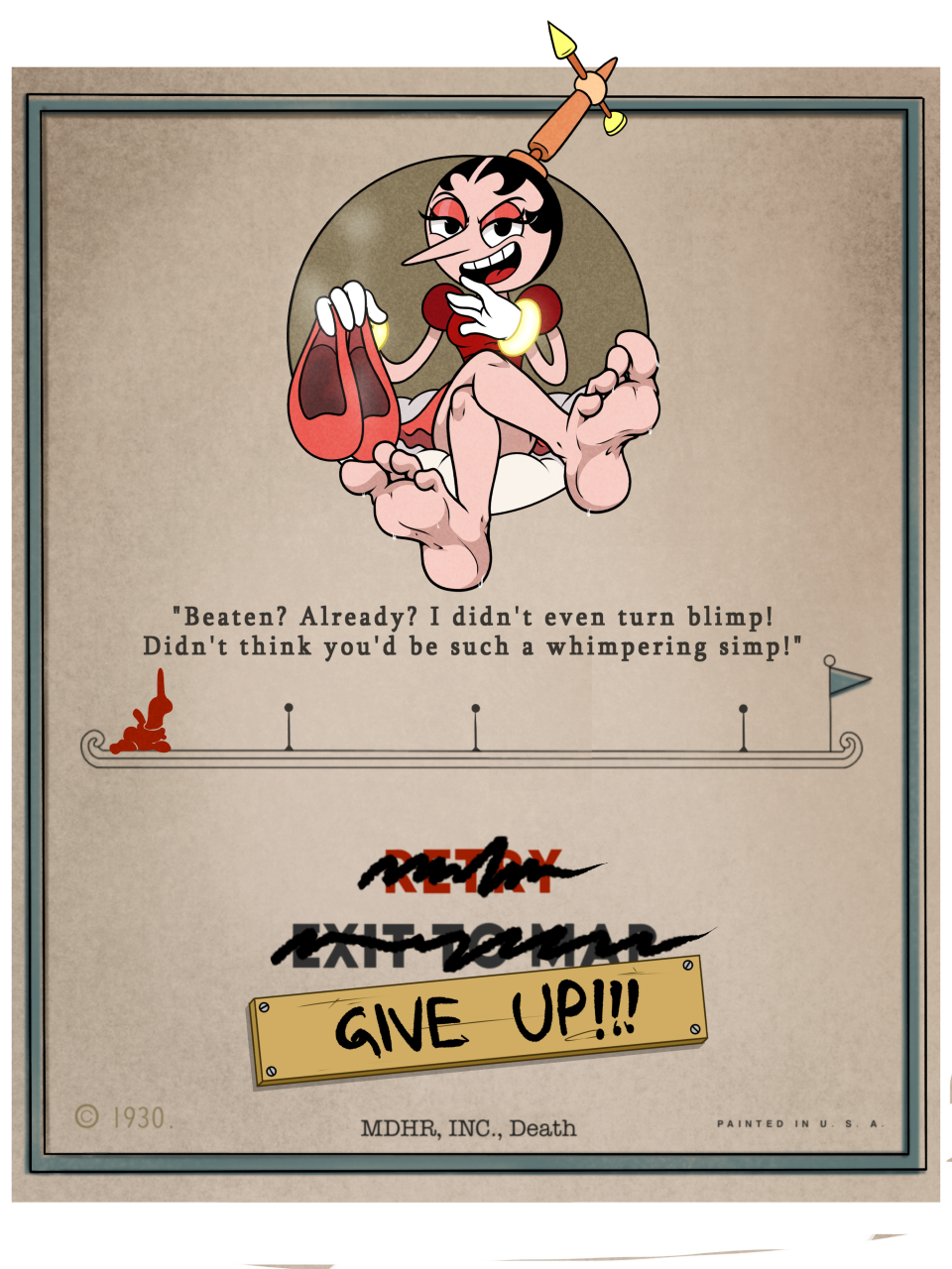 black_hair cloud crossed_legs cuphead_(game) defeated degradation dialogue dress feet female femdom foot_fetish foot_focus footprint footprint_in_shoe footprints game_over game_over_screen grin haughty heaven hilda_berg holding_shoes humiliation laugh laughing laughing_at_viewer laughing_at_you leg_cross long_nose looking_at_viewer looking_at_you nasiri_(artist) pointy_nose rubberhose shoes shoes_removed shoulder_pads sitting_on_cloud skirt smug smug_face smug_smile sweat sweaty_feet weather_vane