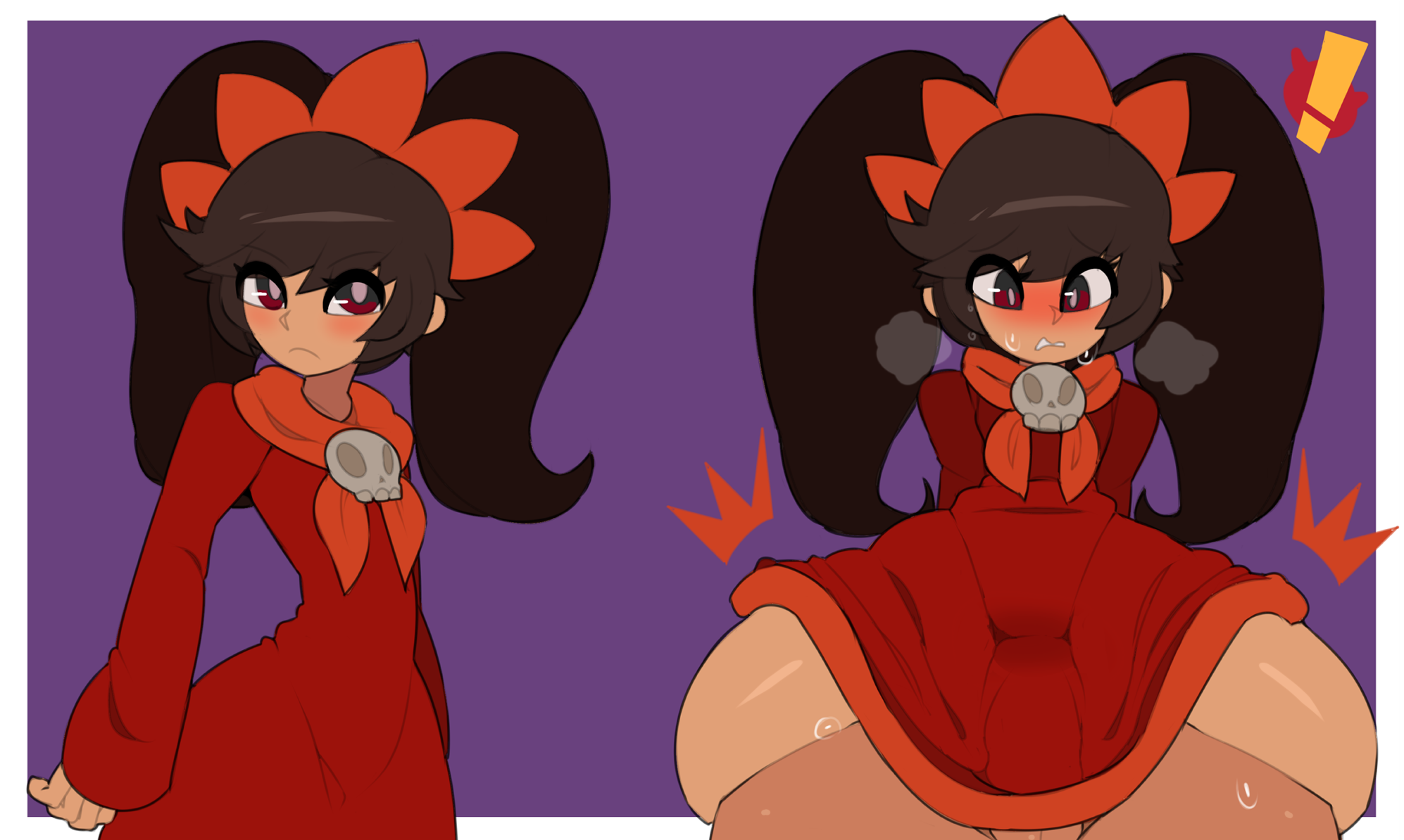 captain kirb, ashley (warioware), warioware, highres, purple background, simple background, !, 1girls, arms behind back, black hair, blush, border, breath, cowgirl position, dress, expansion, eyebrows visible through hair, female, hairband, long sleeves, looking at viewer, multiple views, nose blush, red dress, red eyes, red hairband, sex, skull, solo focus, spread legs, standing, straight, sweat, testicles, thick thighs, thigh expansion, tied hair, twintails, white border, wide hips, 