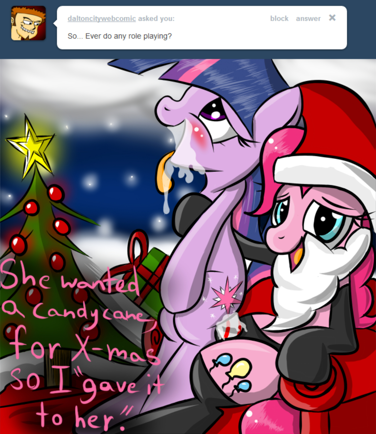 pinkie pie (mlp), twilight sparkle (mlp), christmas, friendship is magic, holidays, my little pony, tumblr, english text, text, blush, candy cane, cutie mark, drooling, equine, female, gift, hair, hat, headgear, horn, horse, long hair, looking at viewer, multicolored hair, open mouth, penetration, pink hair, pony, purple eyes, purple hair, saliva, santa hat, sex, tail, tongue, tongue out, tree, vaginal penetration, wood, 