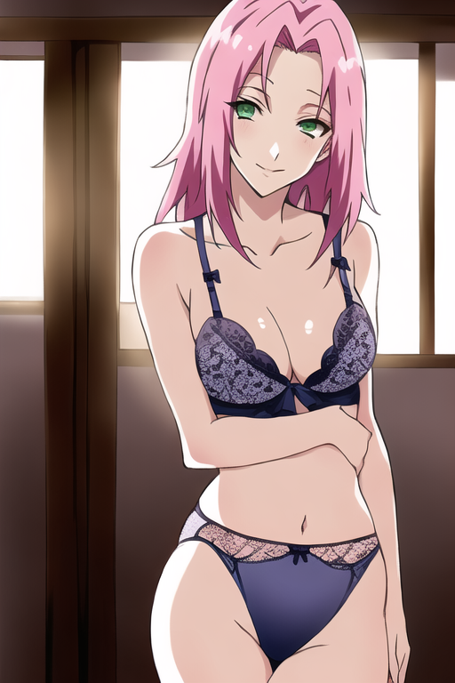 sakura haruno, naruto, naruto (series), naruto shippuden, ai generated, female, female only, green eyes, lingerie, long hair, nai diffusion, pink hair, solo, solo focus, stable diffusion, underwear, 