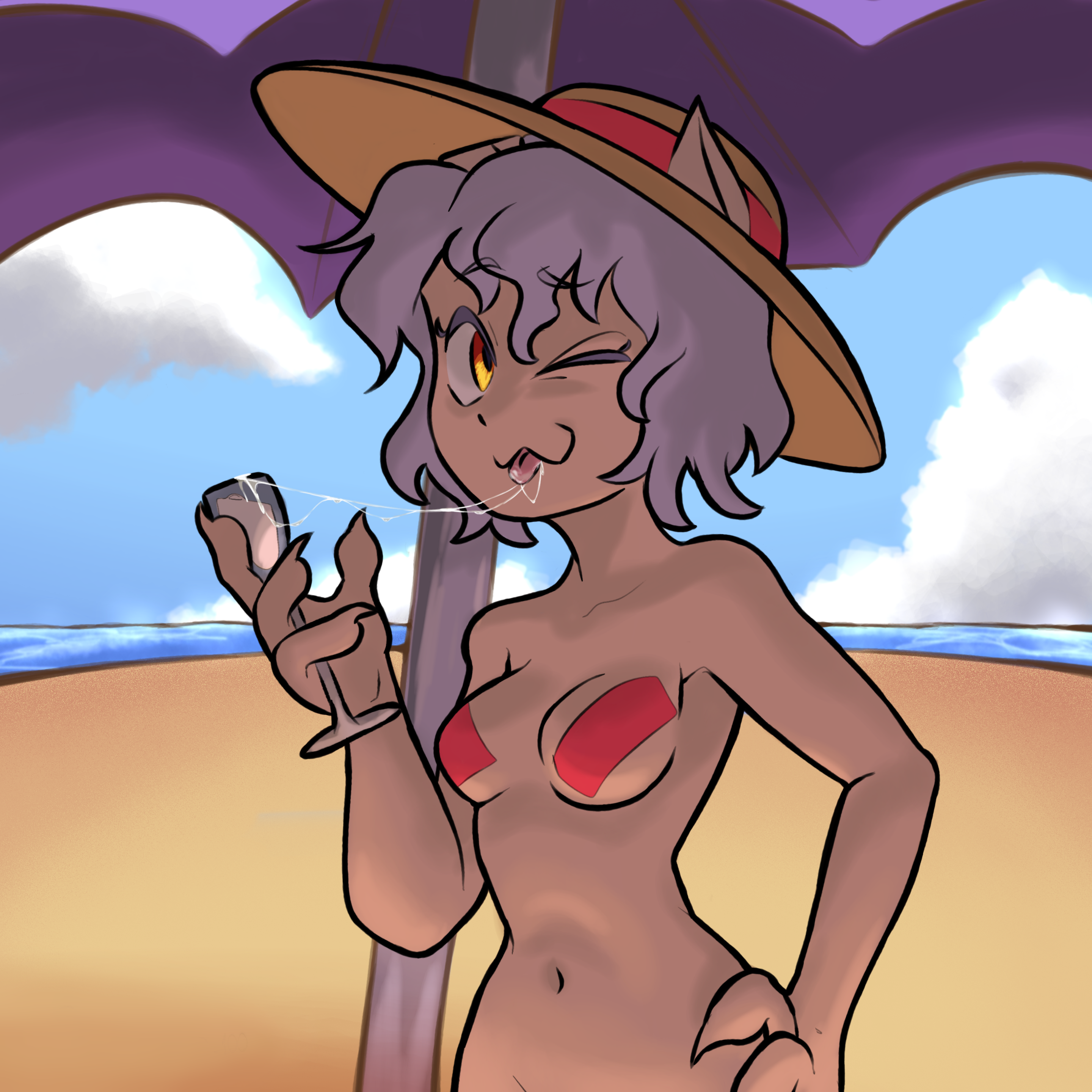 neferpitou, hunter x hunter, hi res, high resolution, highres, shaded, almost naked, beach, beach background, beach umbrella, breasts, cat ears, claws, cum, cum in glass, cum string, drinking cum, glass cup, hat, light-skinned female, light skin, looking at viewer, mr snowkell, one eye closed, partially clothed, pov, pov eye contact, short hair, staring, staring at viewer, umbrella, yellow eyes, 