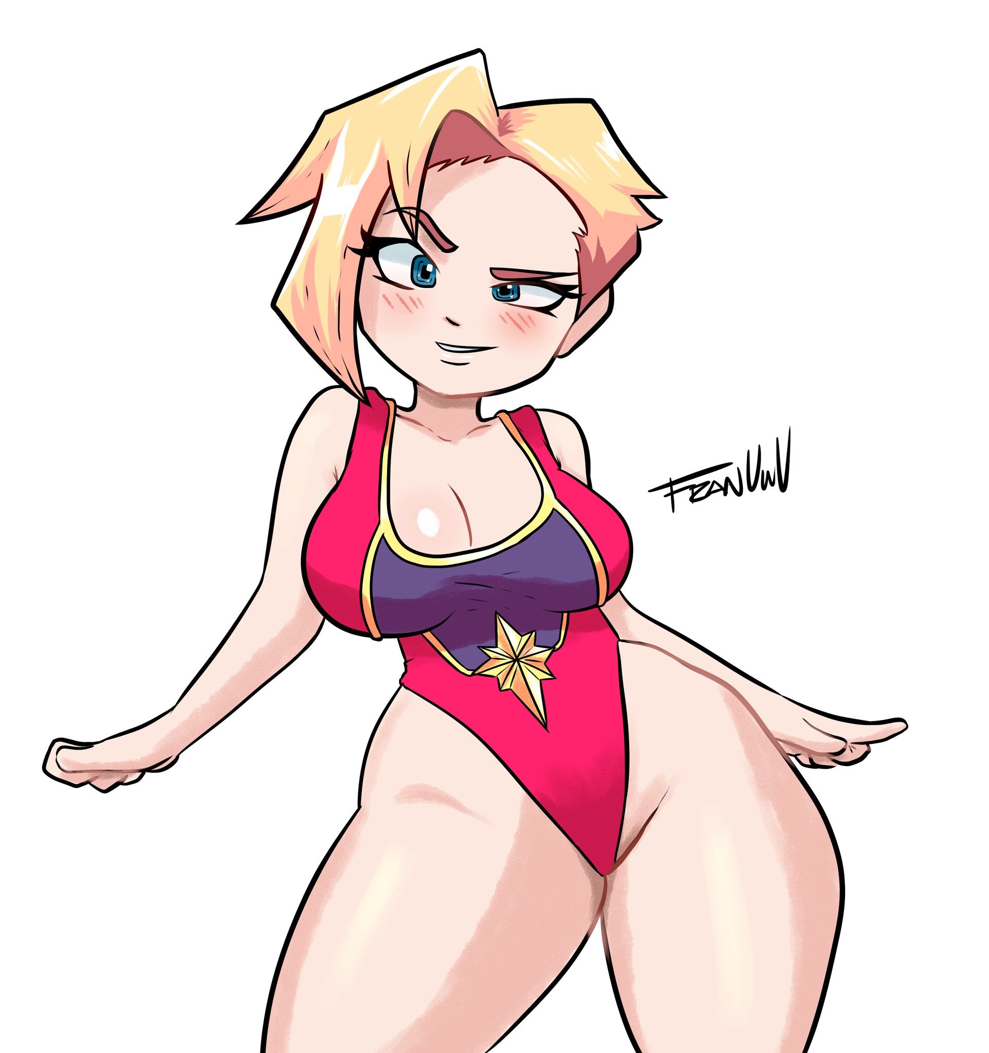 franarts uwu, captain marvel, carol danvers, marvel, simple background, white background, 1girls, artist name, blonde hair, blue eyes, blush, breasts, female, female only, large breasts, looking at viewer, short hair, smile, solo, standing, swimsuit, thighs, wide hips, 