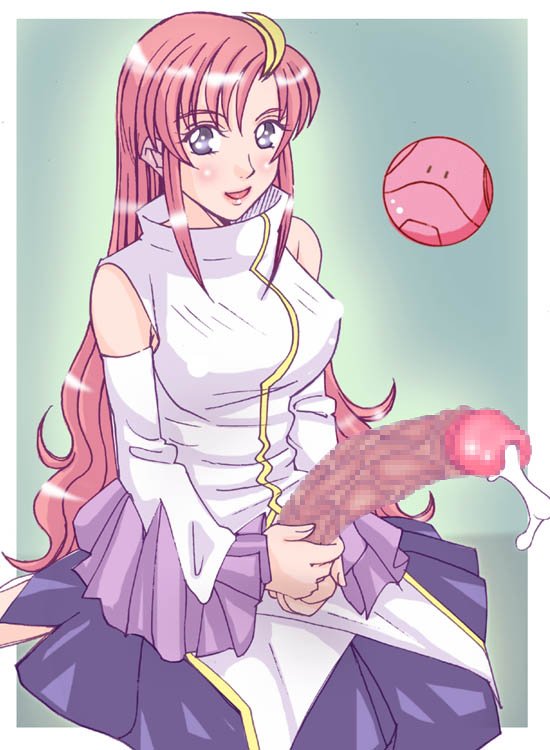 jun atsushi, haro, lacus clyne, gundam, gundam seed, gundam seed destiny, detached sleeves, dress, futanari, hair, hair ornament, hairclip, huge cock, intersex, penis, pink hair, smile, 
