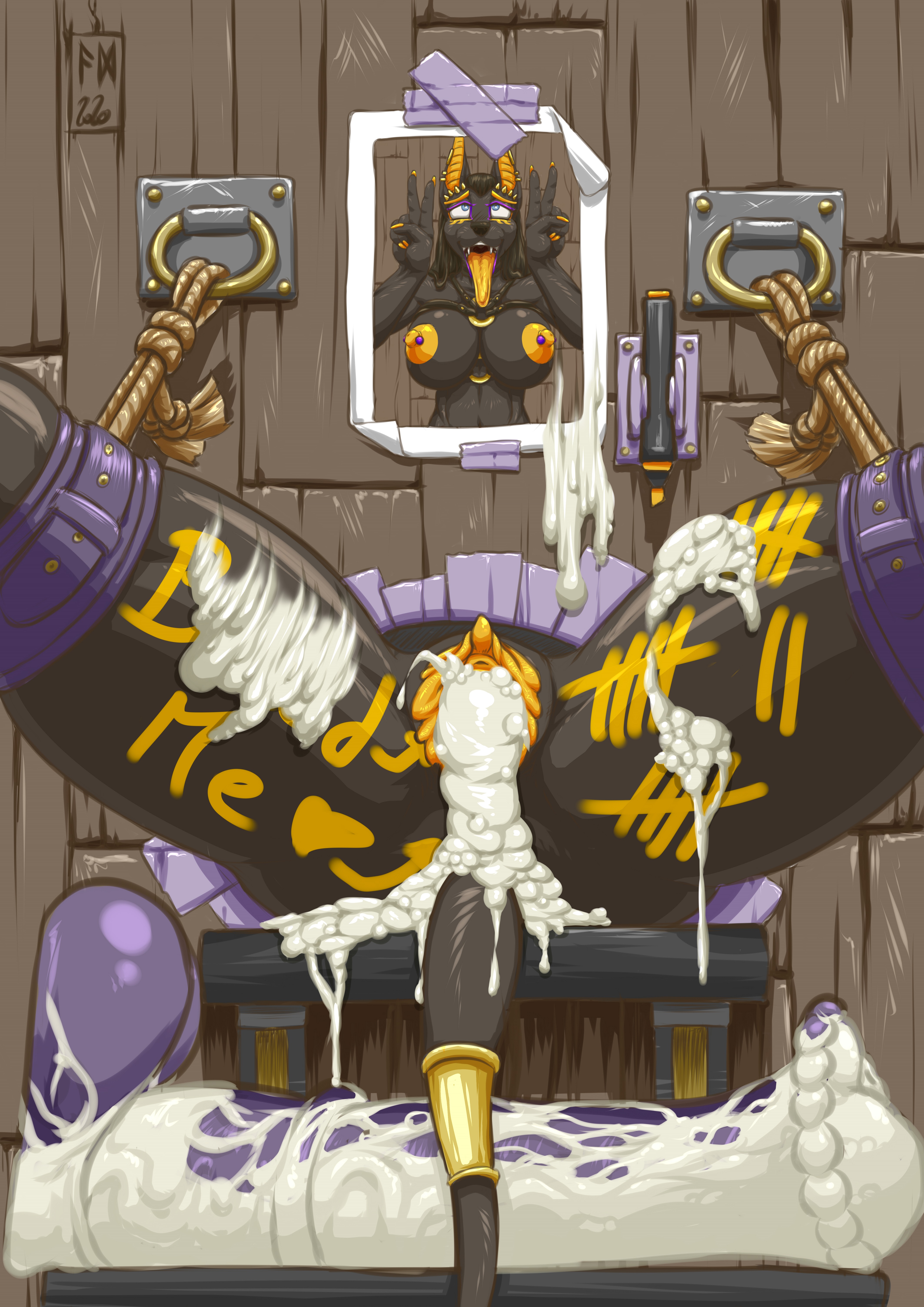 munsu89, absurd res, hi res, after sex, ahegao face, animal dildo, animal sex toy, anthro, anubian jackal, bdsm gear, blush, bodily fluids, body writing, bondage, bound, breasts, canid, canine, canis, clitoris, cum, cum everywhere, cum in pussy, cum inside, cum on body, dildo, equine dildo, excessive cum, female, genital fluids, genitals, hair, jackal, mammal, marker, messy, nipple piercing, nipples, open mouth, photo, piercing, public use, pussy, rope, sex toy, solo, solo focus, tally marks, tape, through wall, tongue, tongue out, 