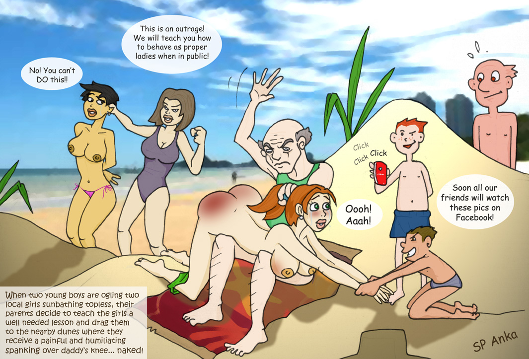 ankasp, arms held, beach, big ass, big breasts, bikini bottom down, bikini top removed, cellphone, ear pull, embarrassed, humiliation, imminent spanking, ocean, over the knee spanking, ponytail, public humiliation, pulling hair, punishment, ruined reputation, social media, spanking, stripped naked, tears, topless, 