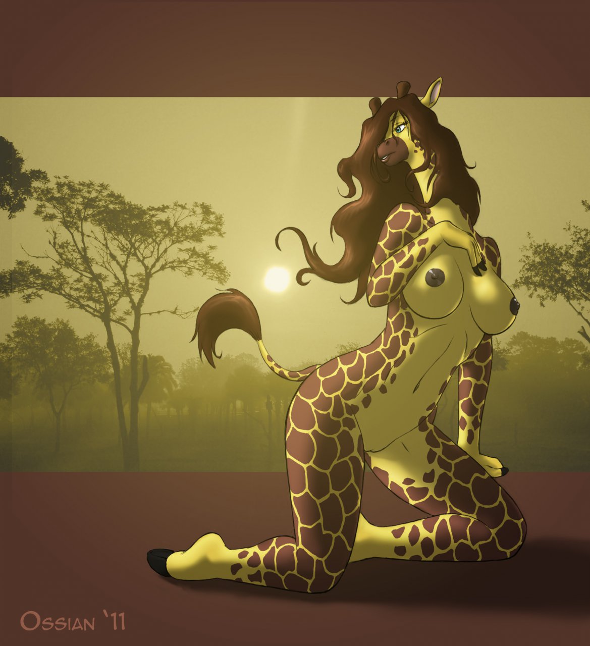 ossian rodent, 2011, breasts, female, giraffe, kneeling, nude, pussy, solo, 