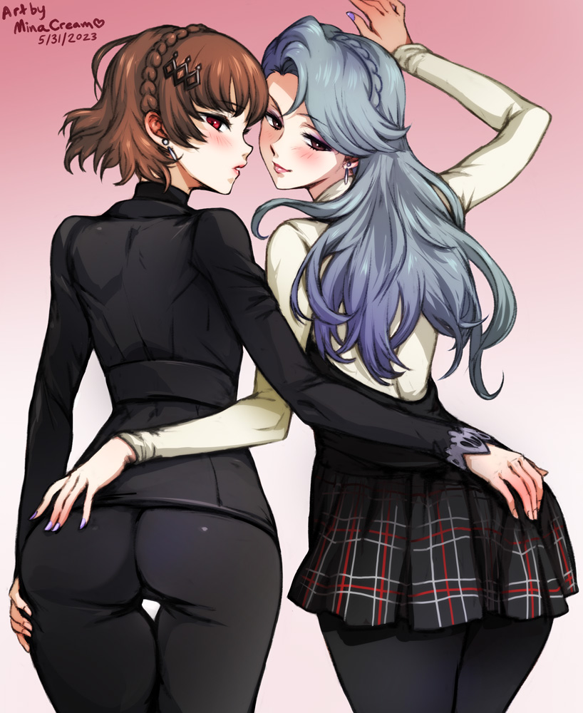 makoto niijima, sae niijima, atlus, persona, persona 5, 2girls, ass, female, female only, looking back, outfit swap, 