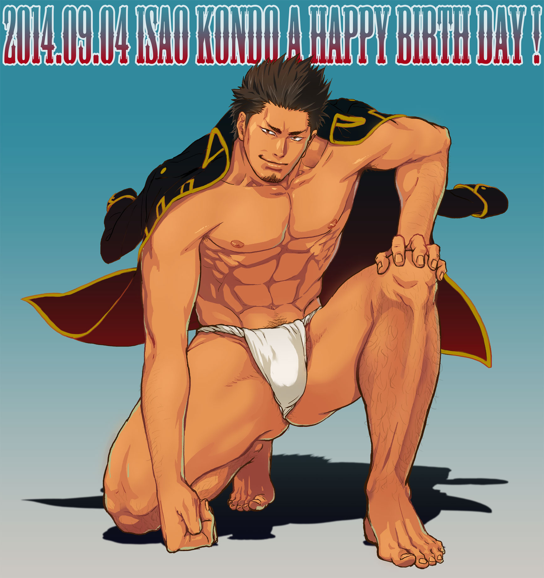 kondou isao, gintama, blue background, bara, barefoot, body hair, bulge, facial hair, full body, fundoshi, goatee, gradient background, hairy, jacket on shoulders, kneeling, kotsutsumi kamome, male, male only, muscular, muscular male, police uniform, pubic hair peek, shinsengumi (gintama), smile, smirk, solo, tan skin, topless, topless male, uniform, 