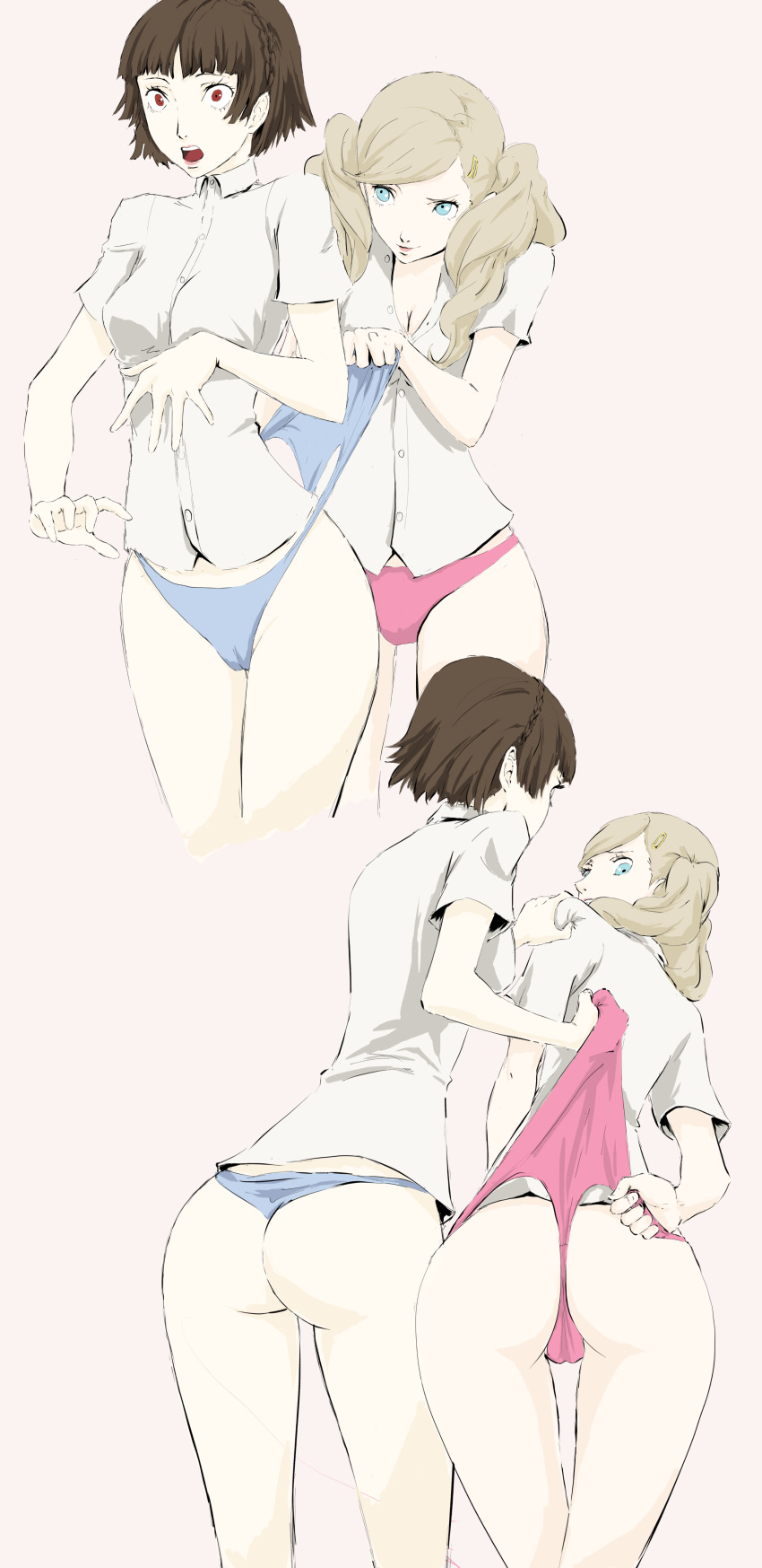 ann takamaki, makoto niijima, persona, persona 5, highres, ass, cameltoe, ozkh, panties, panty pull, surprised, thighs, underwear, 