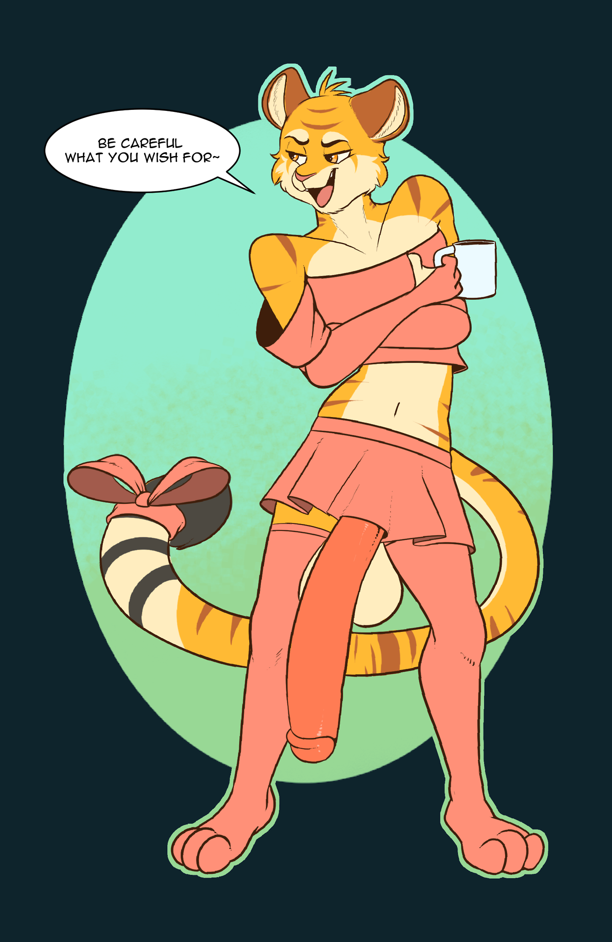 komponi, 2017, english text, simple background, text, anthro, balls, big penis, clothed, clothing, crossdressing, dialogue, feline, fur, girly, huge cock, humanoid penis, hyper, hyper penis, legwear, male, mammal, open mouth, penis, skirt, smile, solo, thigh highs, tiger, 