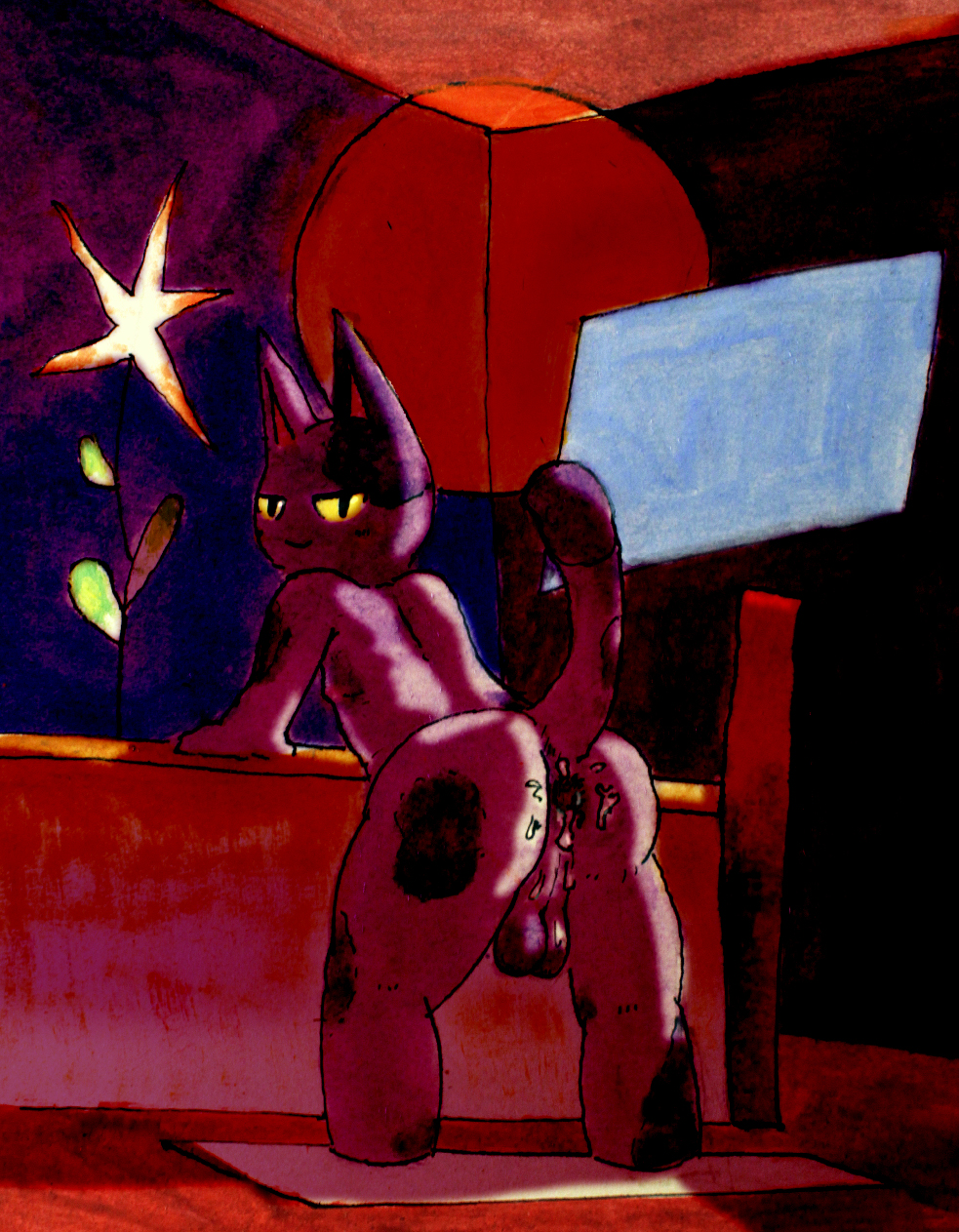 bob (animal crossing), animal crossing, nintendo, hi res, anus, balls, bodily fluids, cum, domestic cat, felid, feline, felis, fur, gaping, genital fluids, luteplayer, male, male only, mammal, nude, presenting, purple body, purple fur, smile, solo, video games, 