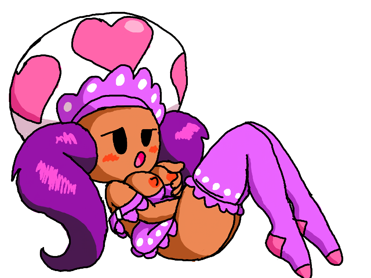 1girls 2015 apron apron_only black_eyes blush breasts dark-skinned_female dark_skin female female_only grabbing_own_breast jk-kino mario_(series) masturbation mob_face mushroom_girl mushroom_humanoid nintendo nipples no_nose nude nude_female paper_mario paper_mario:_the_thousand-year_door pleasure_face purple_hair socks solo thighs toad_(mario) toad_waitress twintails white_background