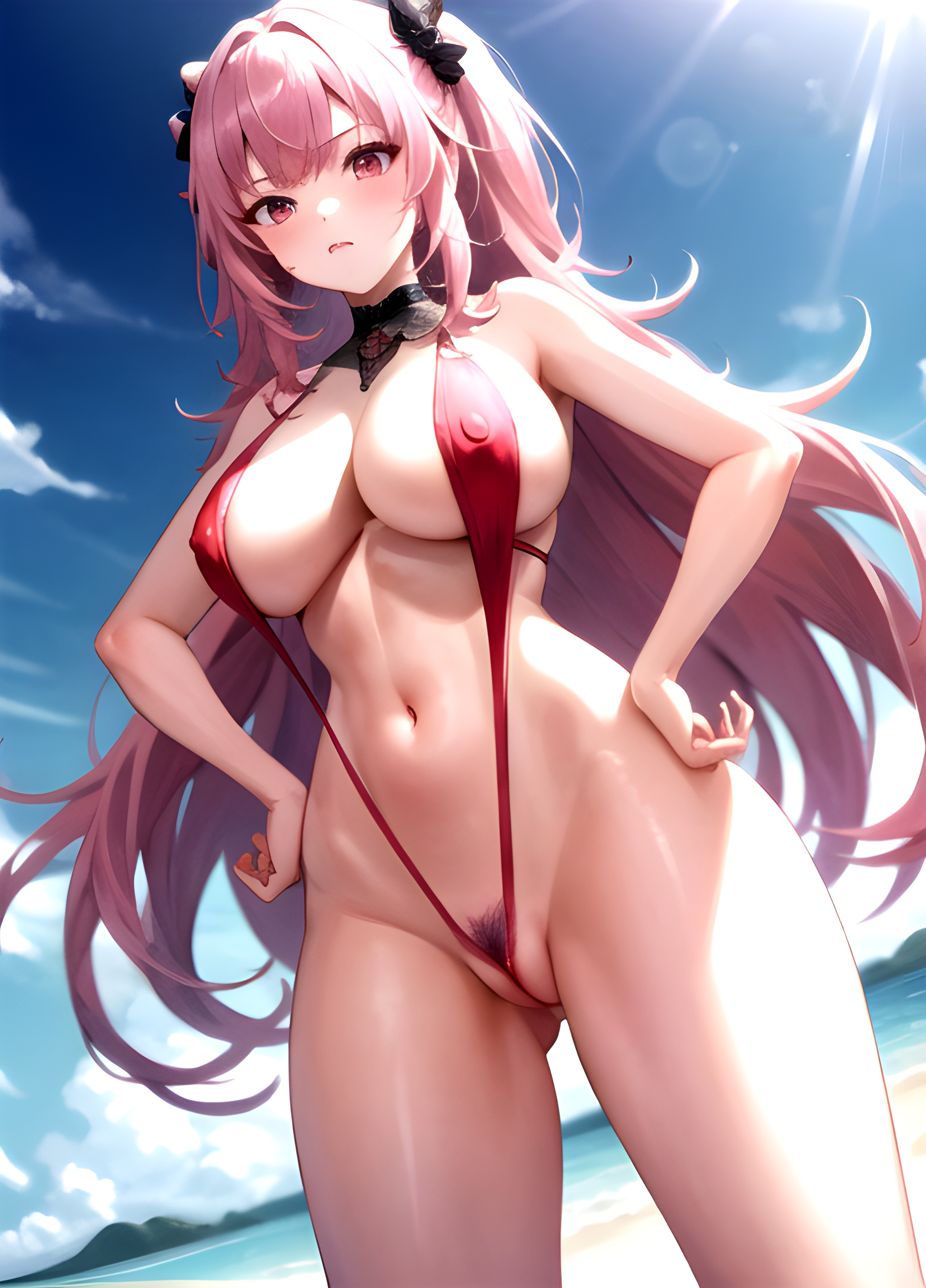 hololive, 1girls, ai generated, beach, from below, hololive english, large ...