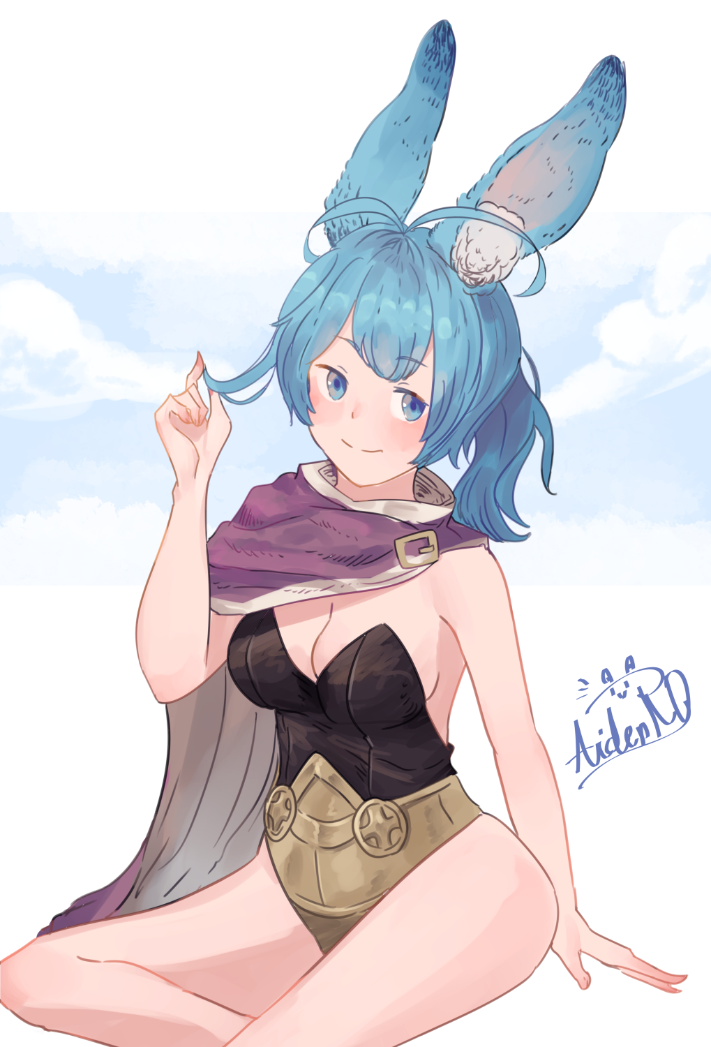 1girls alternate_costume animal_ear_fluff animal_ears antenna_hair arm_at_side artist_name blue_eyes blue_hair blue_sky blush breasts cape cleavage closed_mouth cloud day female female_only fire_emblem fire_emblem_heroes hand_up happy highres leotard looking_at_viewer medium_breasts nintendo outdoors playing_with_own_hair ponytail purple_cape rabbit_ears rabbit_girl reginn_(fire_emblem) short_hair side_cape sidelocks signature single_bare_shoulder sitting sky smile solo spindle_(aidenr0) split_mouth strapless strapless_leotard thighs two-sided_cape two-sided_fabric two-tone_leotard