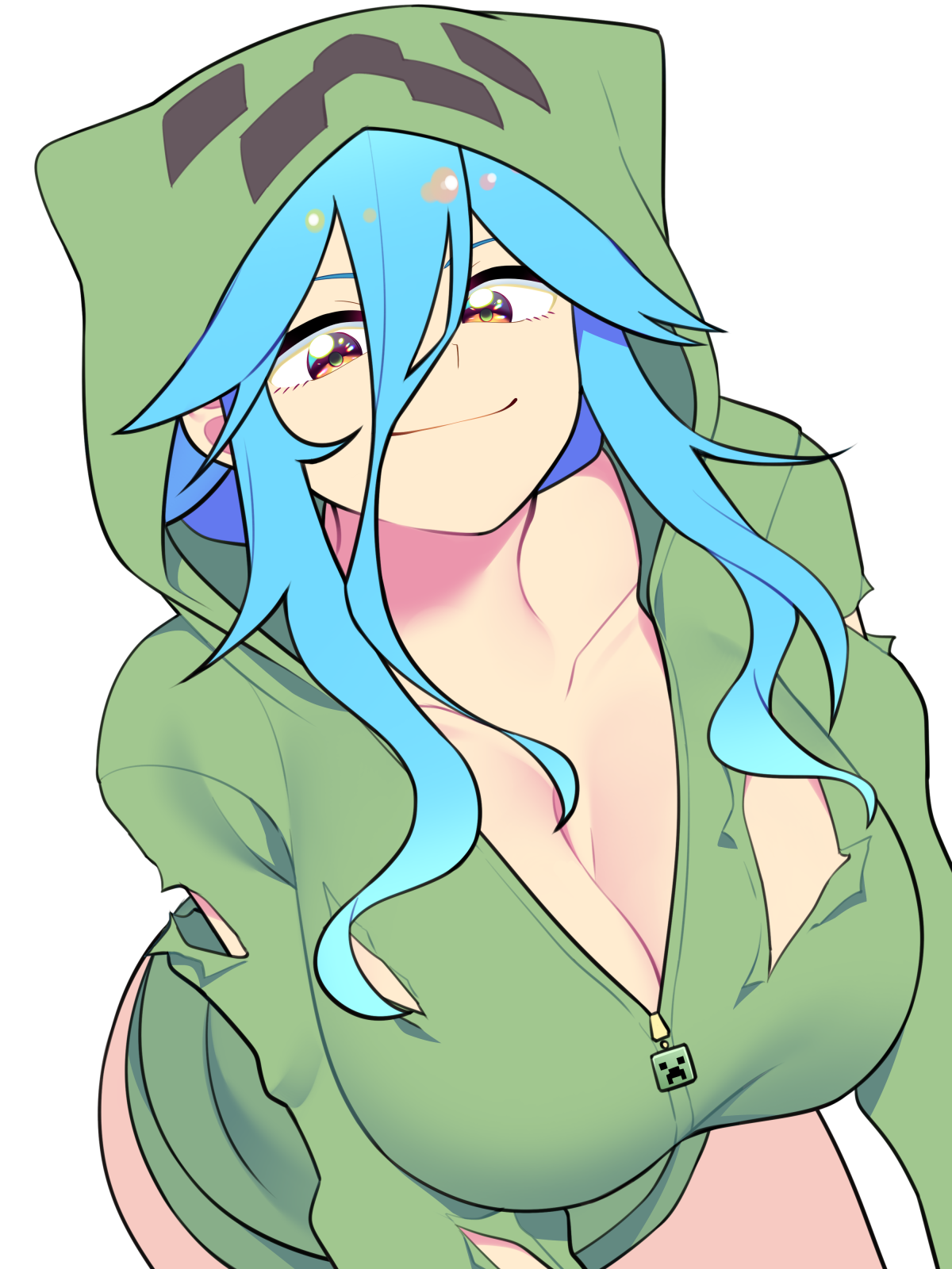 1girls bell_(artist) bellupup blue_hair breasts cleavage cupa female hair_between_eyes hi_res hoodie large_breasts minecraft mob_talker ripped_clothing solo tagme white_background zipper