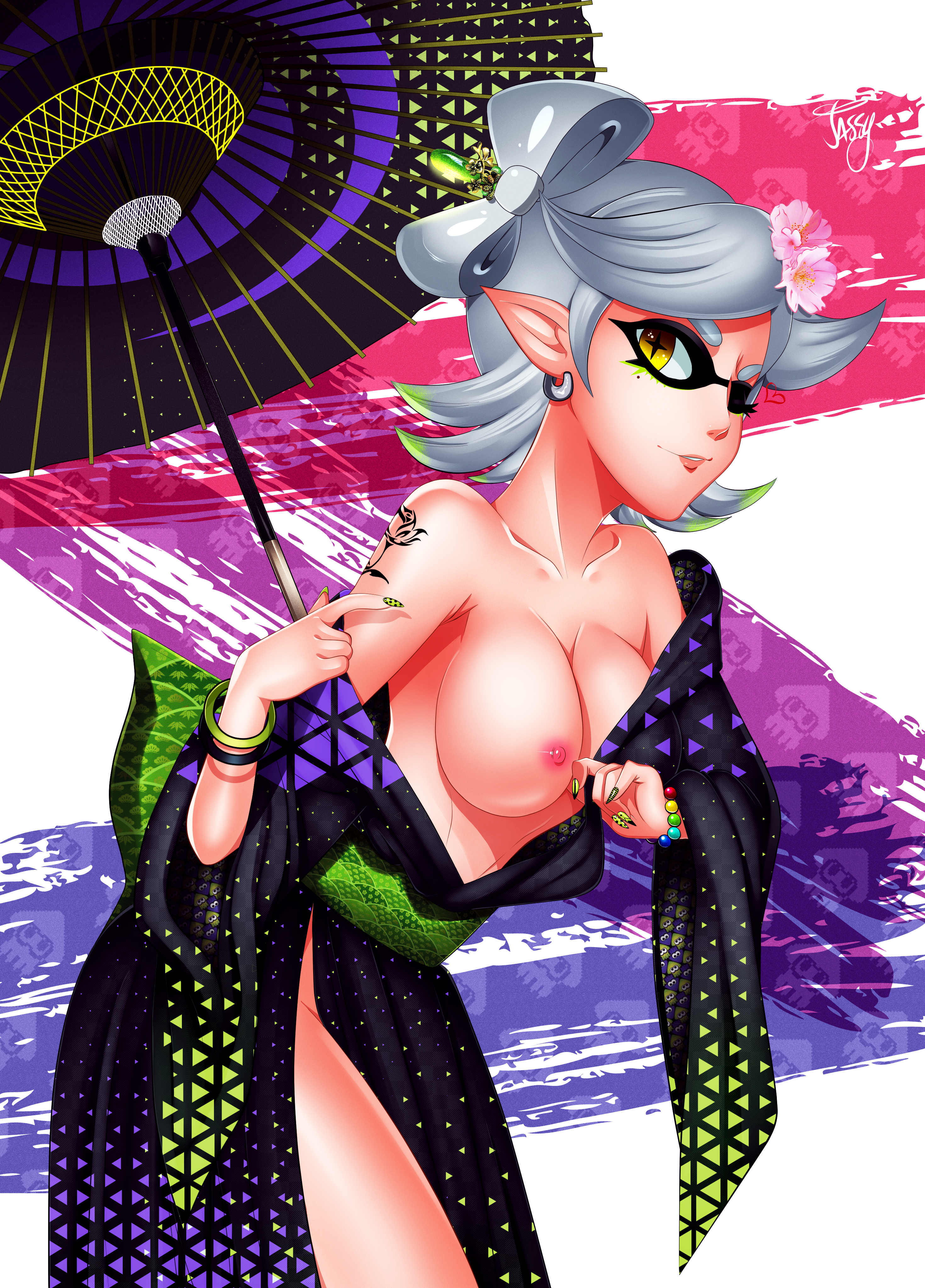 areolae armpits beauty_mark bracelet breasts breasts_out collarbone earring exposing_breasts female flower_in_hair friendship_bracelet green_hairtips hair_bow_(anatomy) jassycoco kimono kimono_pull marie_(octo_canyon) marie_(splatoon) navel nintendo nipples painted_nails pointed_ears rose_tattoo simple_background smirk splatoon splatoon_(series) splatoon_2 splatoon_2:_octo_canyon squid squid_girl squid_humanoid striped_background tattoo tentacle_hair thighs two-tone_hair umbrella white_background white_hair wristband yellow_eyes